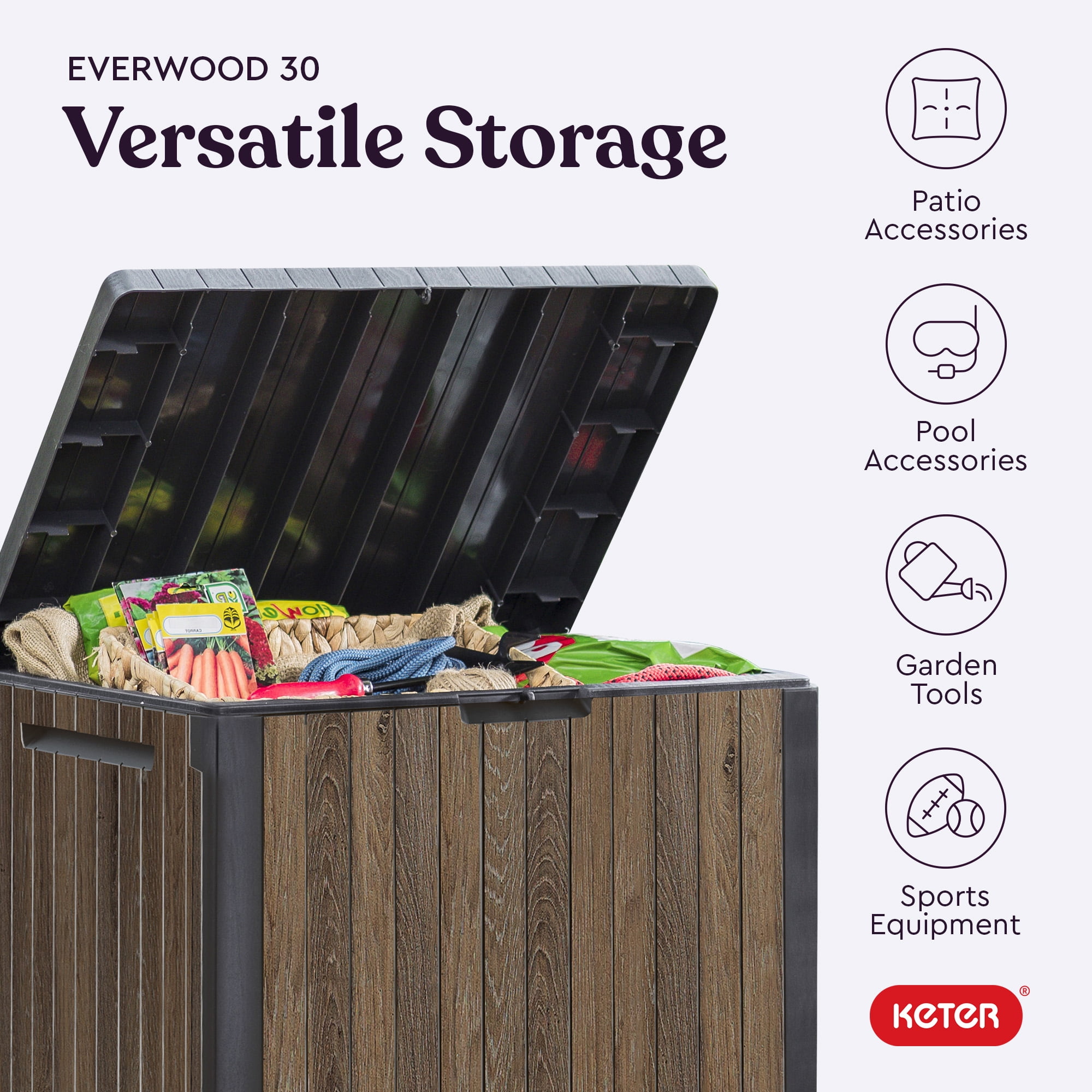 Keter Signature Everwood 30 Gallon Resin Outdoor Storage Box and Patio Side Table (Walnut, 22.75 in L x 17.3 in W x 21.6 in H) hzwfm