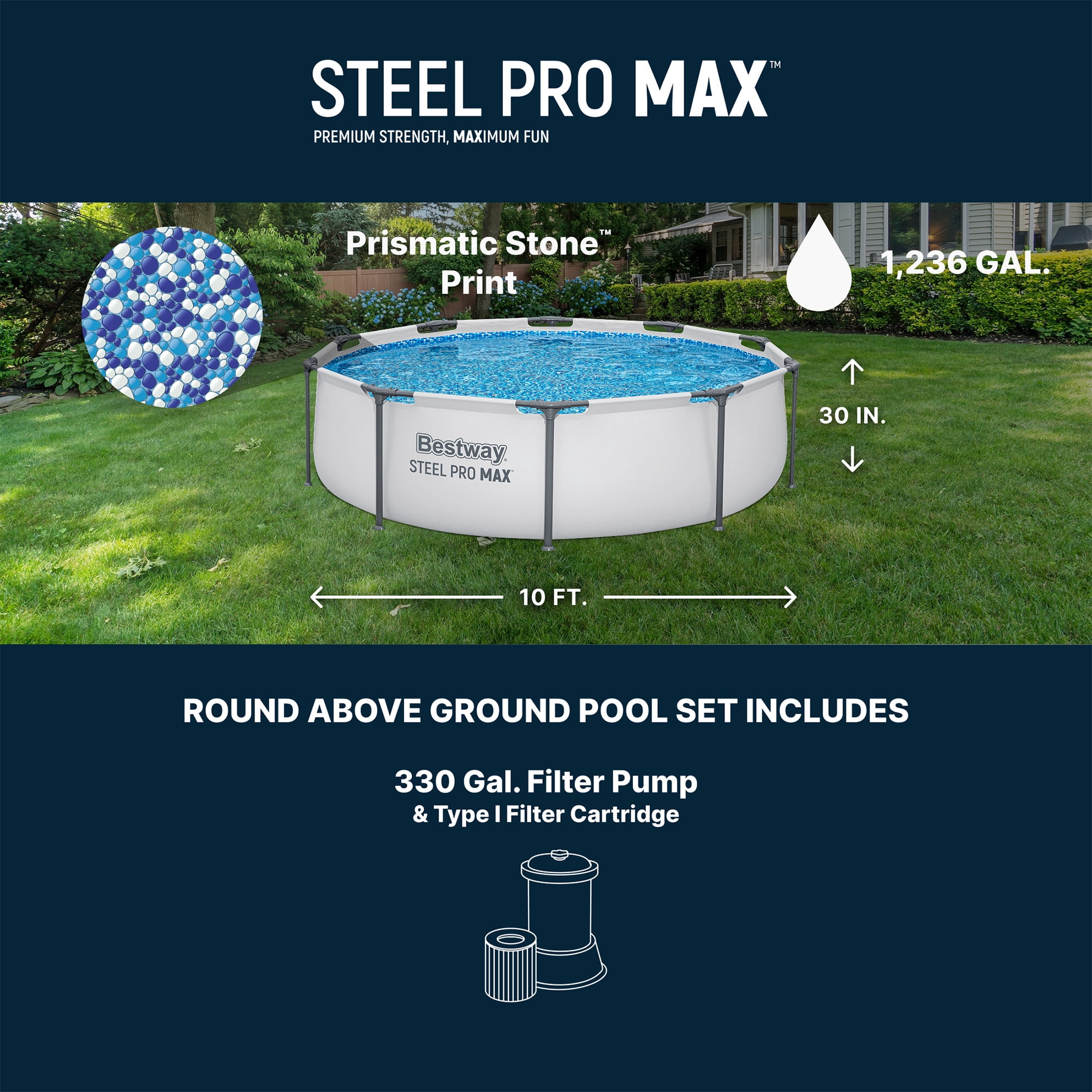 Bestway Steel Pro MAX Above Ground Pool Set with Filter Pump and Cartridge (Gray, 10 ft x 30 in) 9n7hm