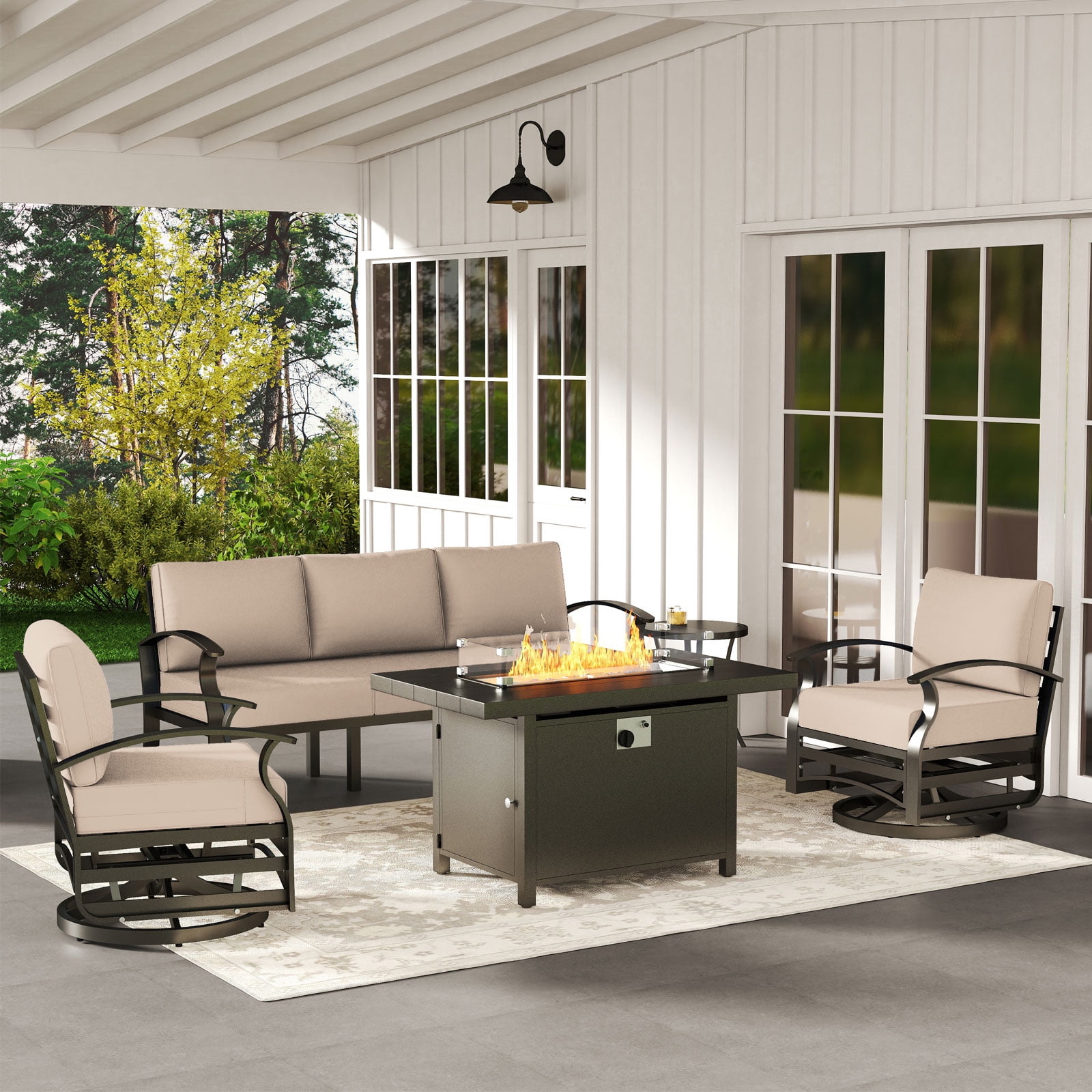 ALAULM 5-Piece Aluminum Patio Furniture Set with Propane Fire Pit Table (Black, 5-Seat) 1f74u