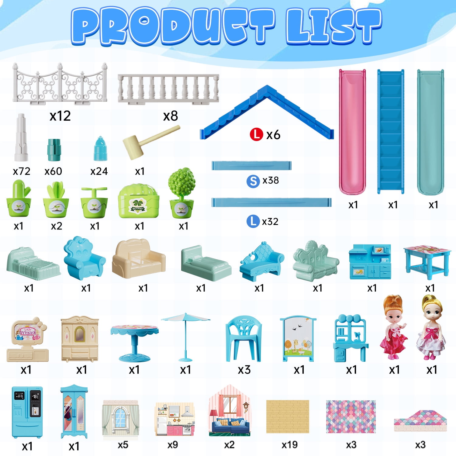 JoyStone Dollhouse with Warm Light, DIY Pretend Play Playhouse with 14 Rooms and 2 Dolls (Blue) w91cf