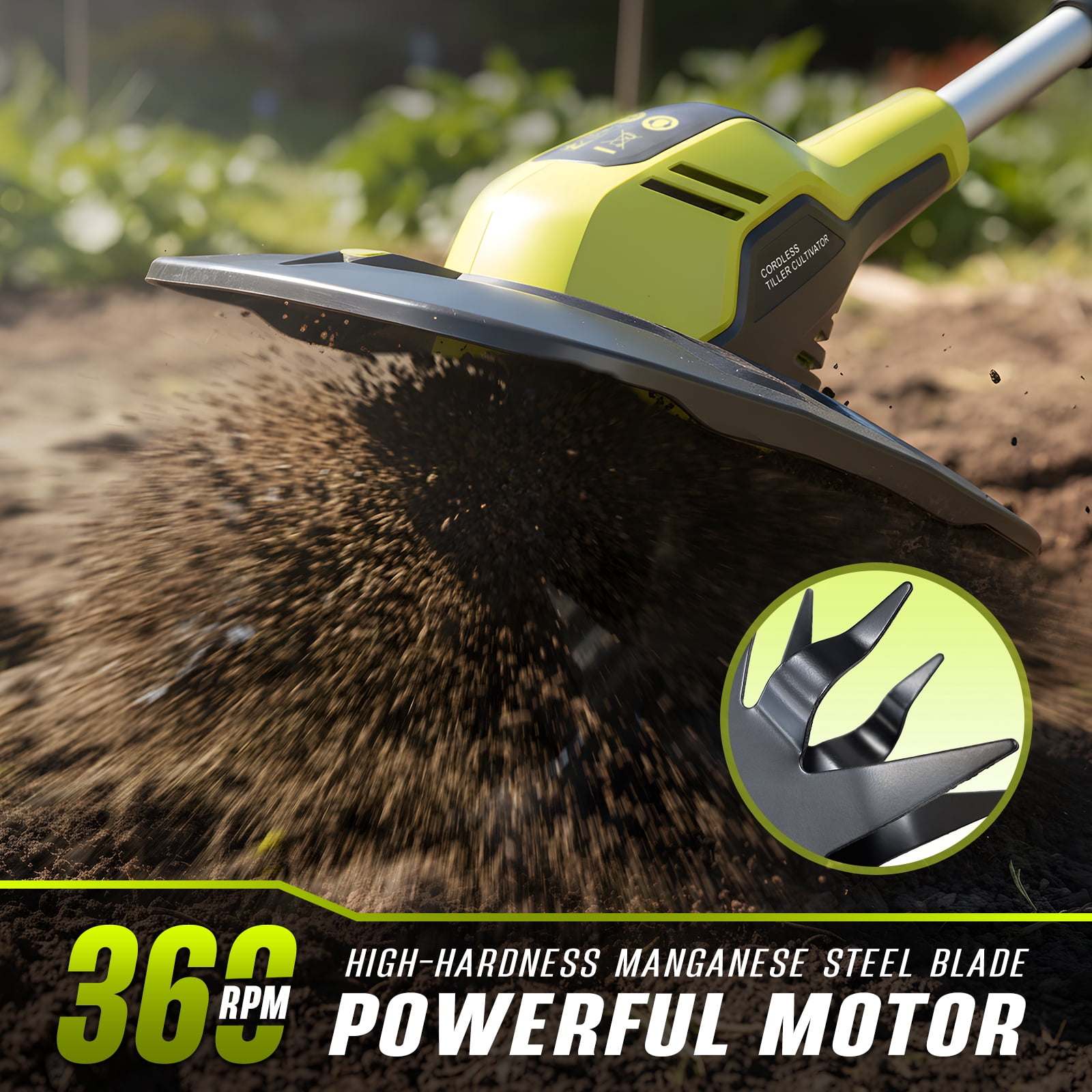 Revvstark 20V Cordless Electric Garden Tiller Cultivator, High-Torque Rototiller with (2) 4.0Ah Batteries and Fast Charger (8.9 in Width, 6.8 in Depth) nzjcp