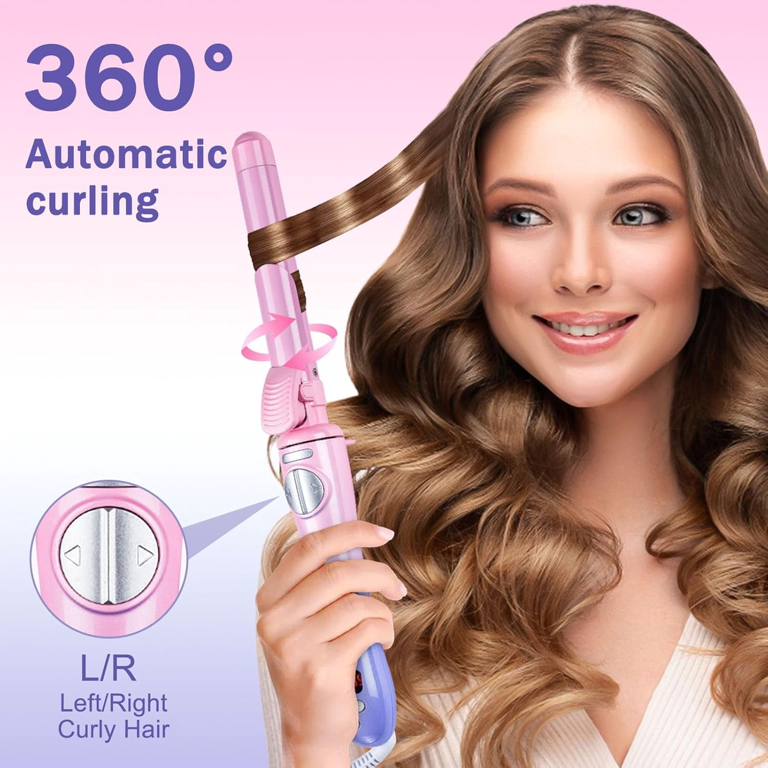 Generic Automatic Curling Iron Ceramic Hair Styler with Temperature Display (Pink, 5.1 in) o11n6