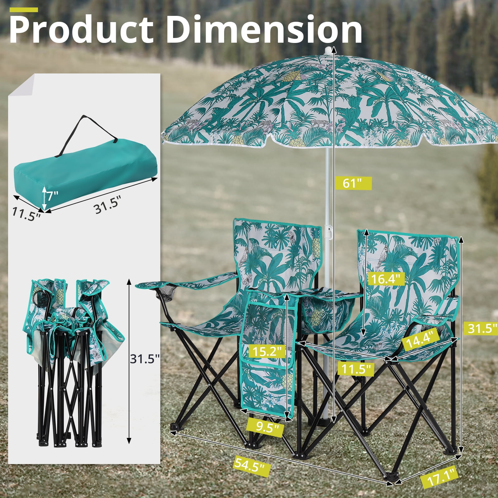 Zimtown Two-Seat Folding Beach Chair with Umbrella and Cooler (Green, 15.2 in Seat Height) s3a49