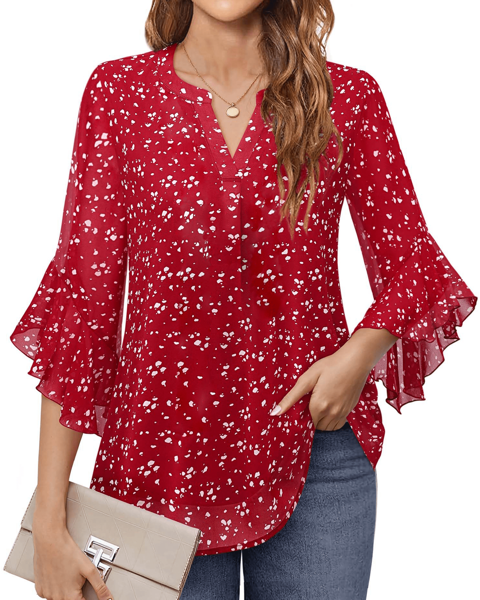 Fantaslook Womens V Neck Blouse 3/4 Ruffle Sleeve Dressy Casual Work Shirt (Red, L) 7ag4q