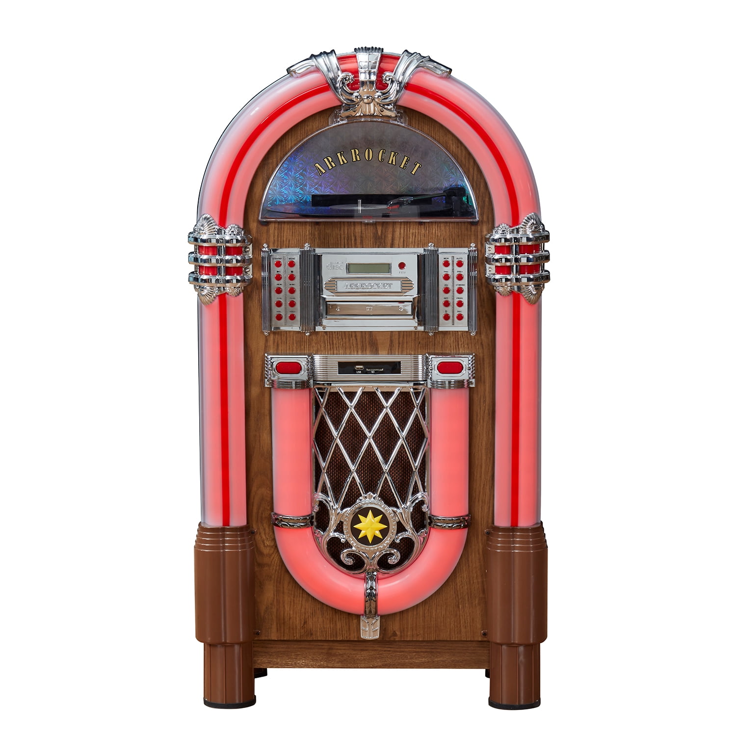 Arkrocket Taurus II Retro Jukebox with Bluetooth, Vinyl, CD, USB, and SD Player (Dark Oak) wg69s