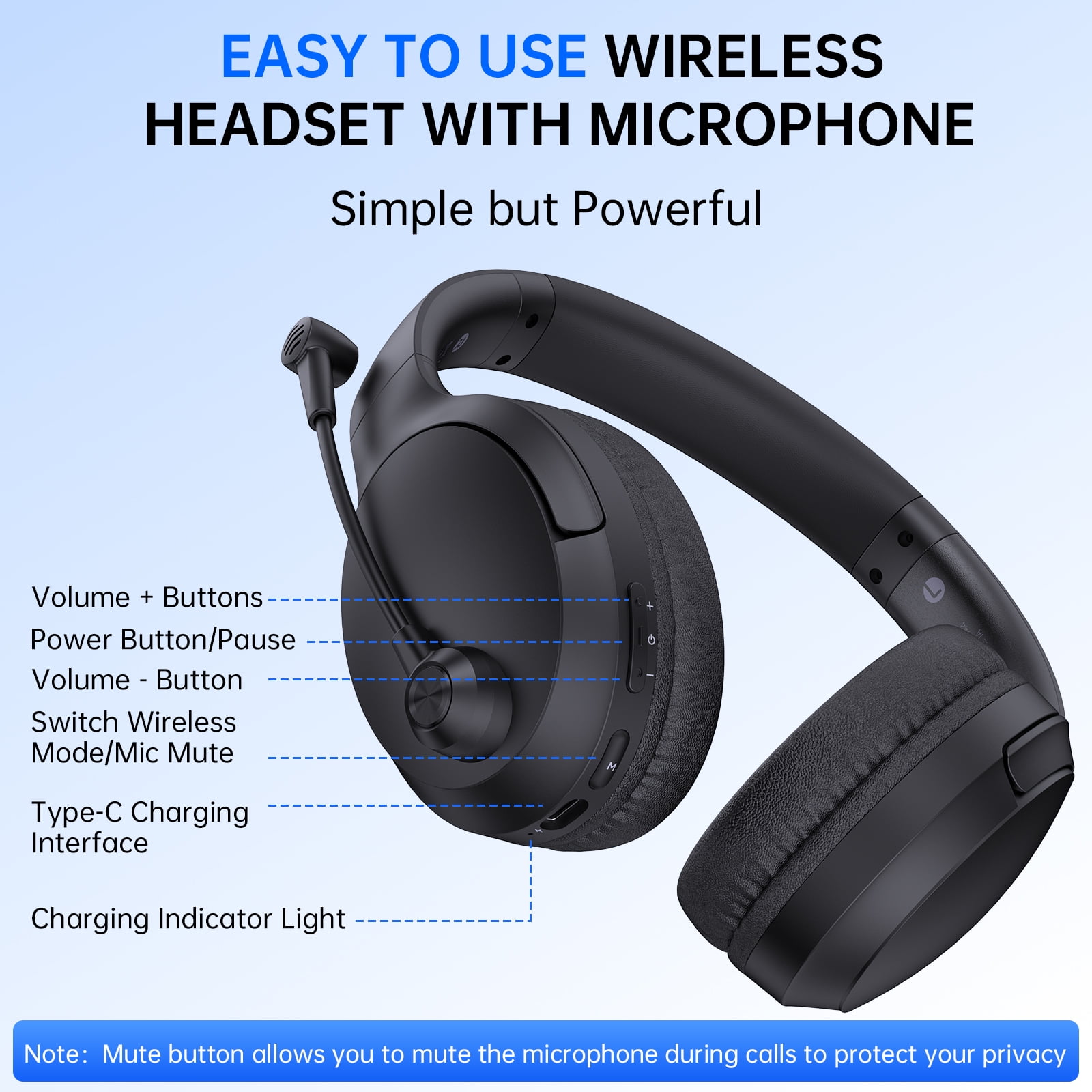 AYEDLOE Wireless Headset with AI Noise Cancelling Microphone for Work (Black, 1 Pack) qtdoa