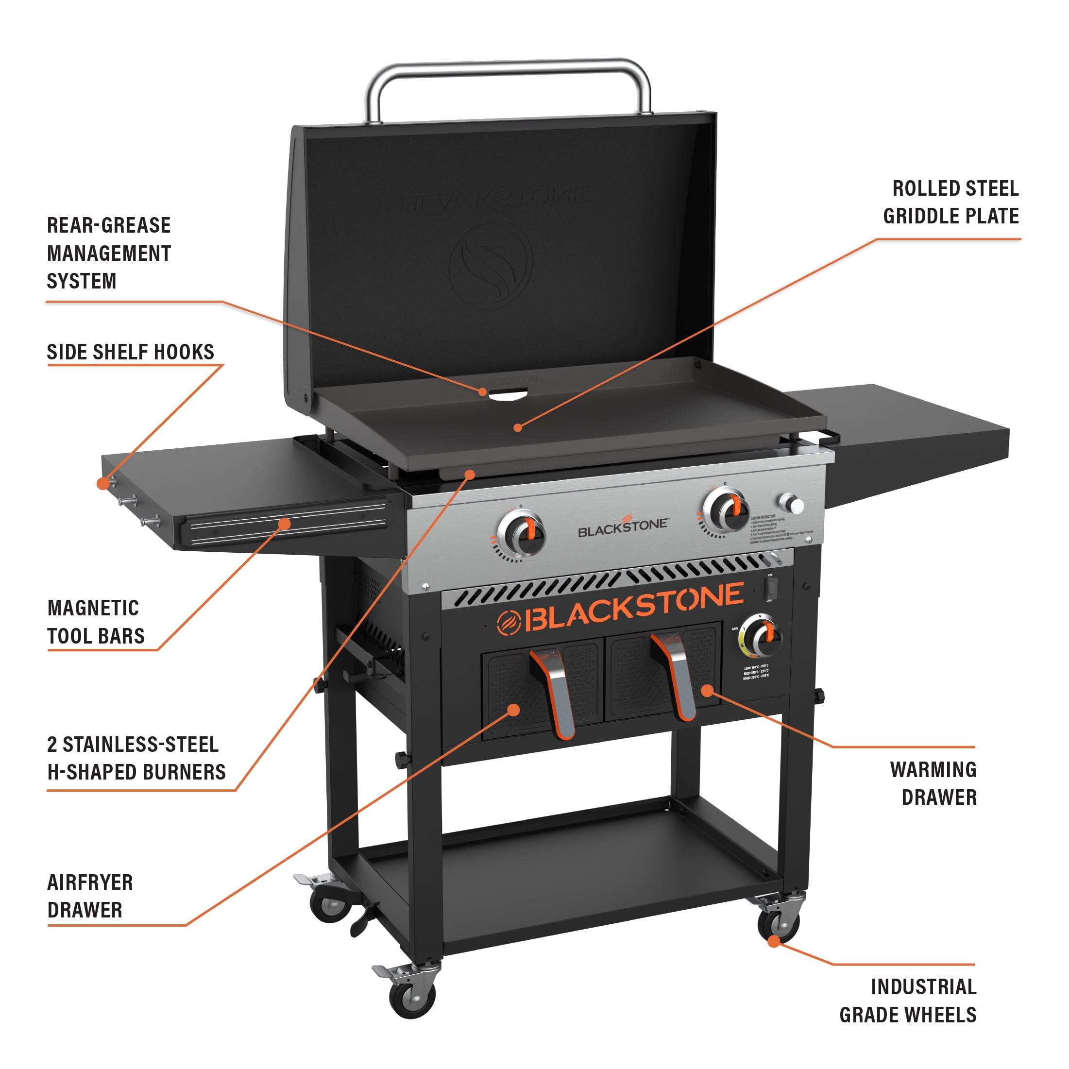 Blackstone 28-inch Outdoor Propane Griddle and Air Fryer Combo with Hood (Black, 524 sq in) ime8u