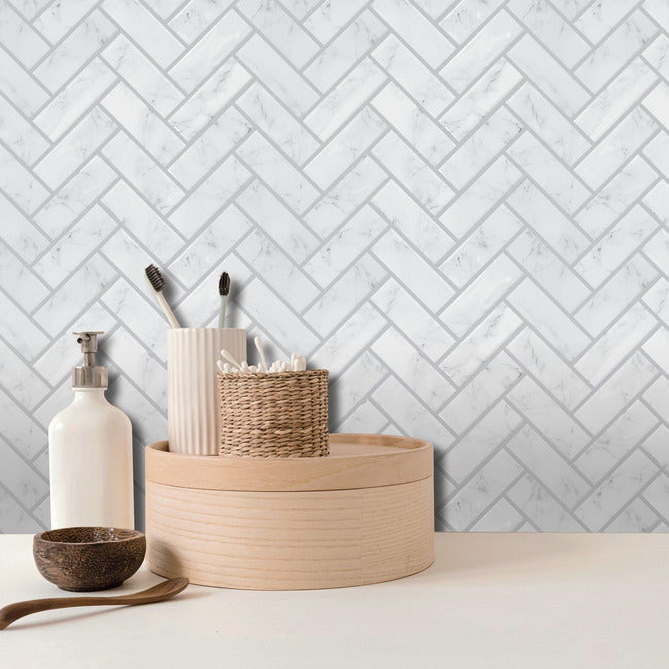 RoomMates Marble Herringbone Peel And Stick Backsplash (Grey, 4 Pack, 10.5 in x 10.5 in) j8qrn