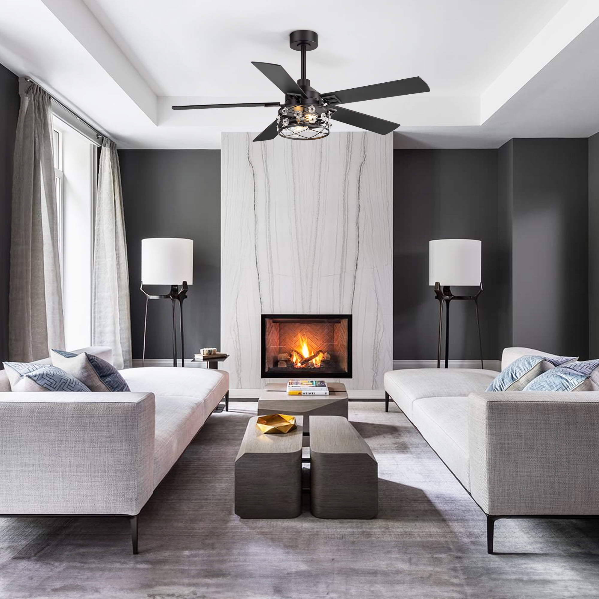 ALKAFY 52 in Matte Black Ceiling Fan with Lights - Reversible 5-Blade Design, 6-Speed Remote Control (52 in) ajnmi