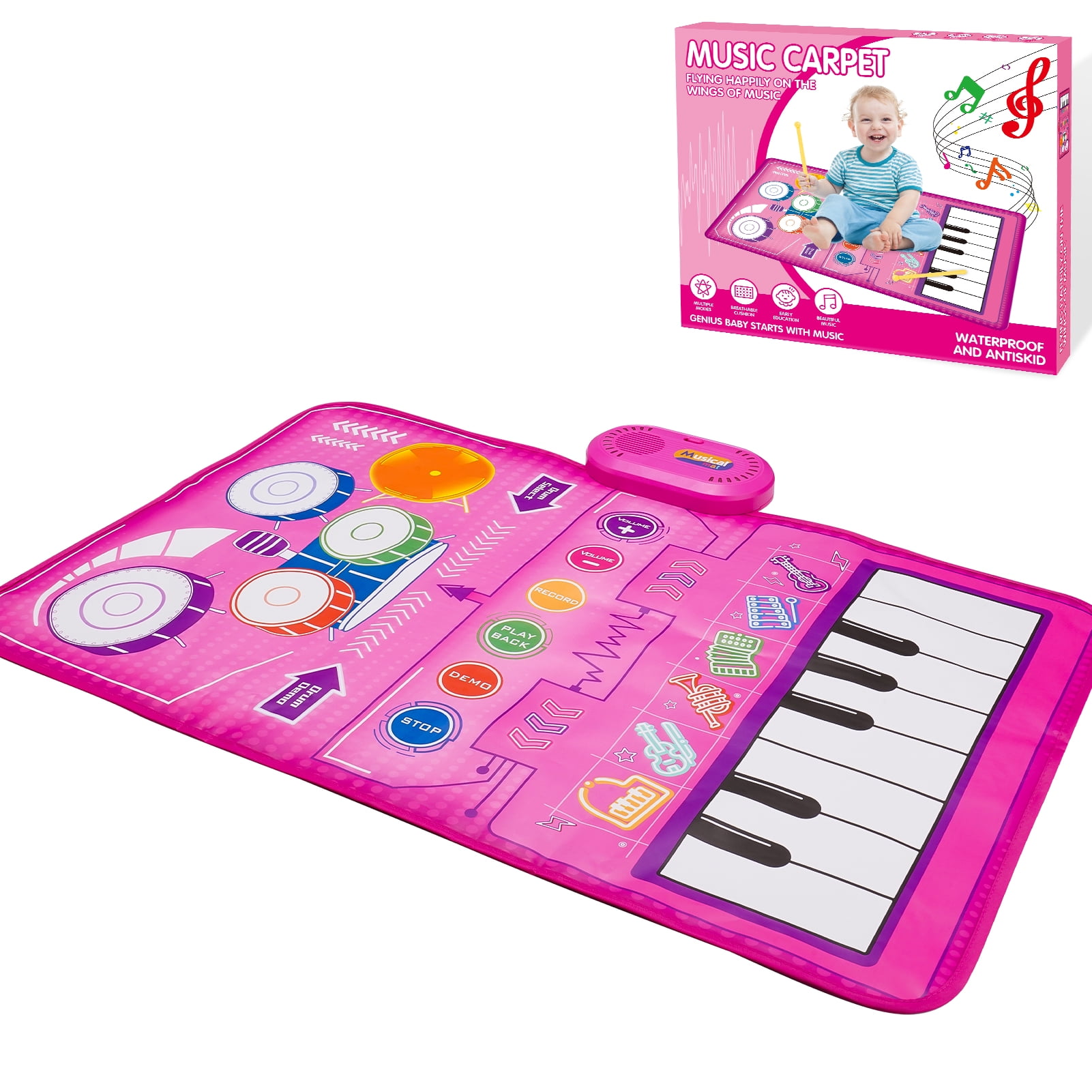 Dreamingbox Musical Piano Mat for Toddlers, Interactive Keyboard and Drum Floor Play Mat (Pink, 39 in x 14 in) kr23y