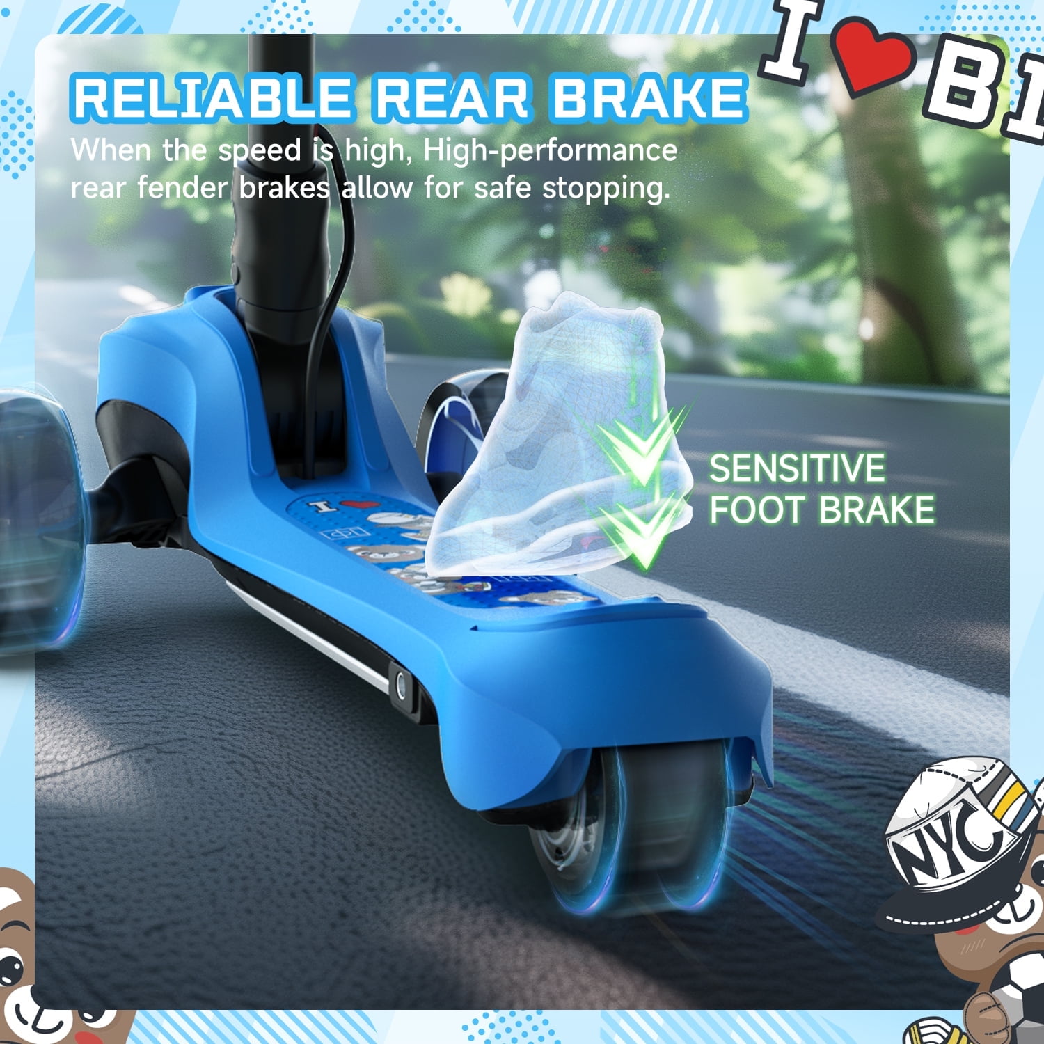 Rolldustry Electric Scooter for Kids, Foldable 3-Wheel Ride-On with LED Lights and Adjustable Handlebar (Blue, 110 lb Capacity) ye9w7