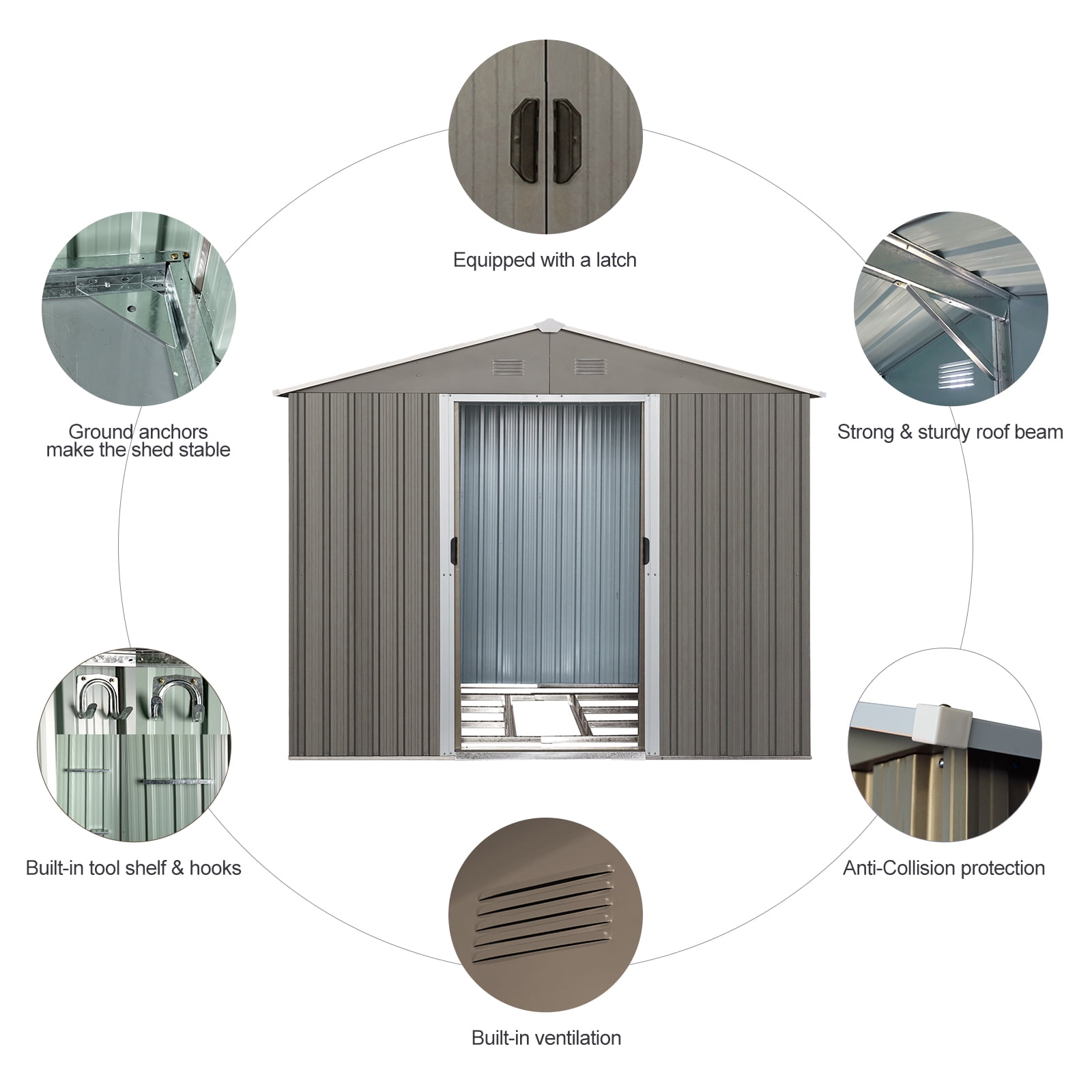 LofyJoy Metal Outdoor Storage Shed, Weather-Resistant Backyard Garden Tool Organizer with Lockable Sliding Doors and Vents (Grey, 8 ft x 10 ft) fm73f