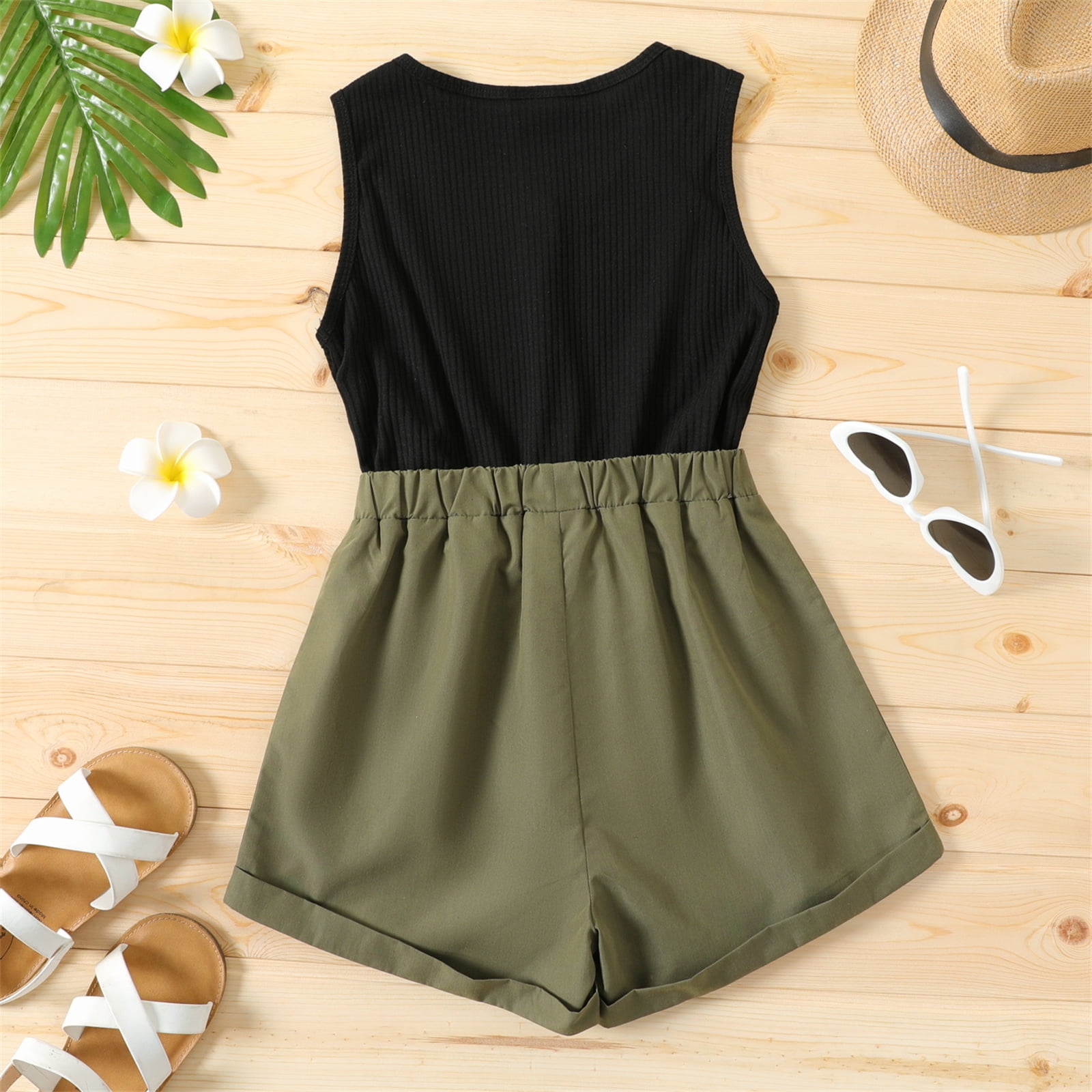 PatPat Kid Girl Summer Romper Jumpsuit Sleeveless Button Belted Outfit (Green, 5T) igduf - Image 5