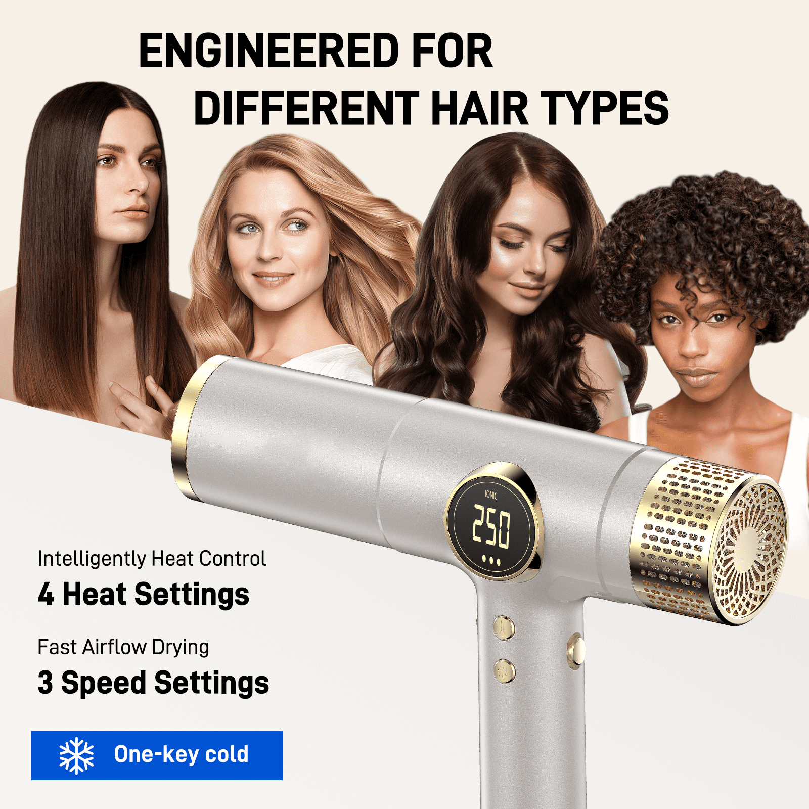 RACCOMB Professional Ionic Hair Dryer, High-Speed Salon Blow Dryer with 3 Attachments (Gold, 1 Unit) iiozx