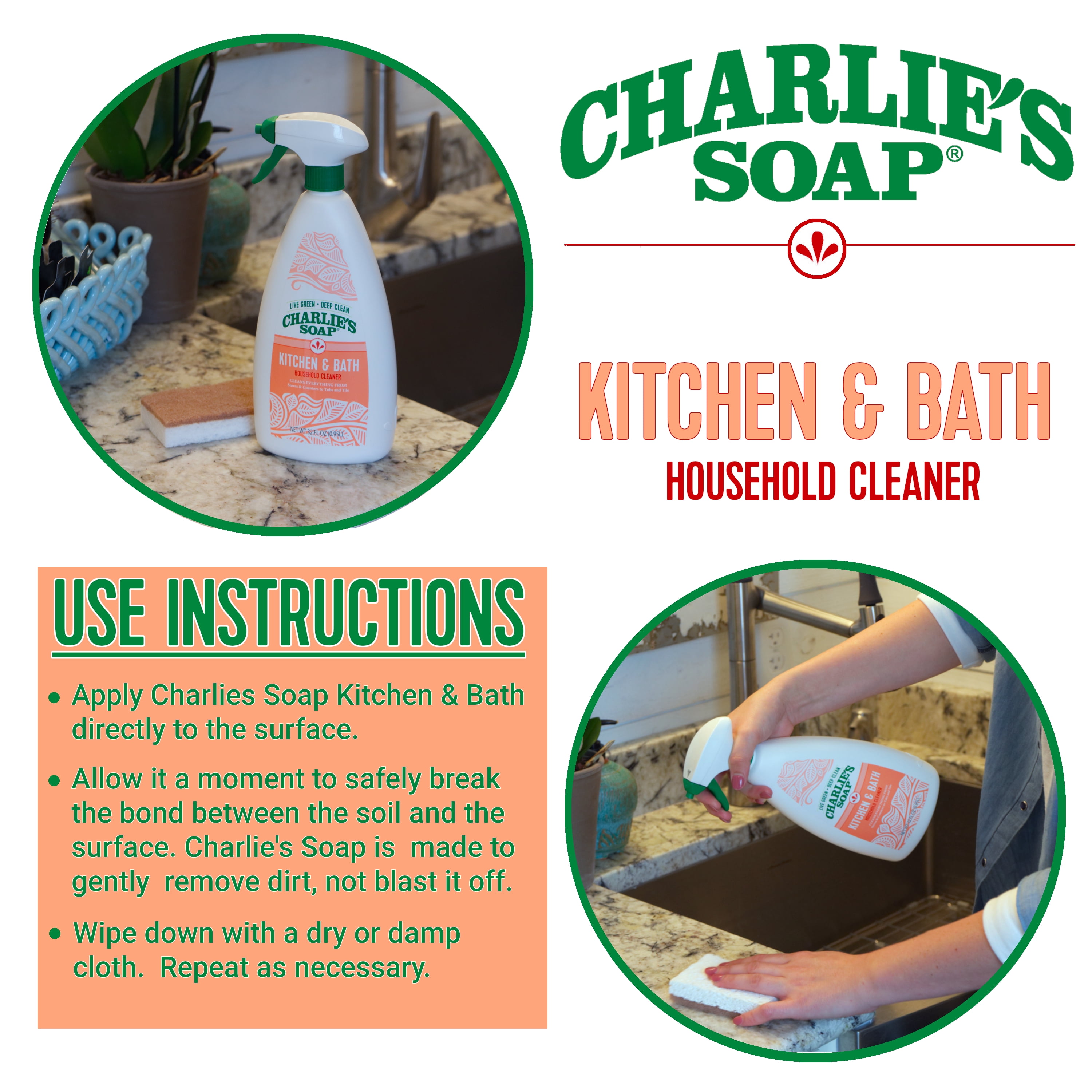 Charlie's Soap Kitchen and Bath Household Cleaner, Non-Toxic Multi-Surface Spray (32 oz) 9hcau