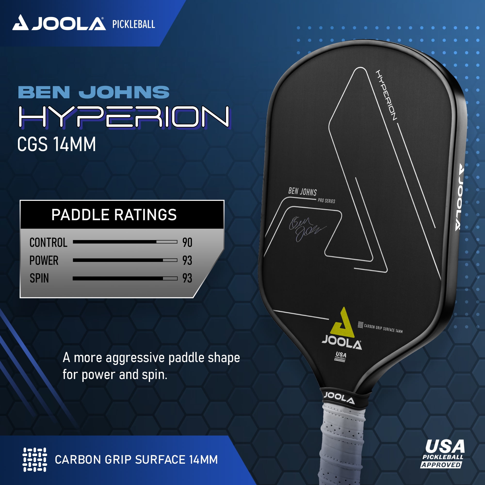 JOOLA Ben Johns Hyperion CGS Pickleball Paddle, Professional Carbon Grip Surface, High-Performance Aero Curve Design (Black, 8.2 oz) hpc58