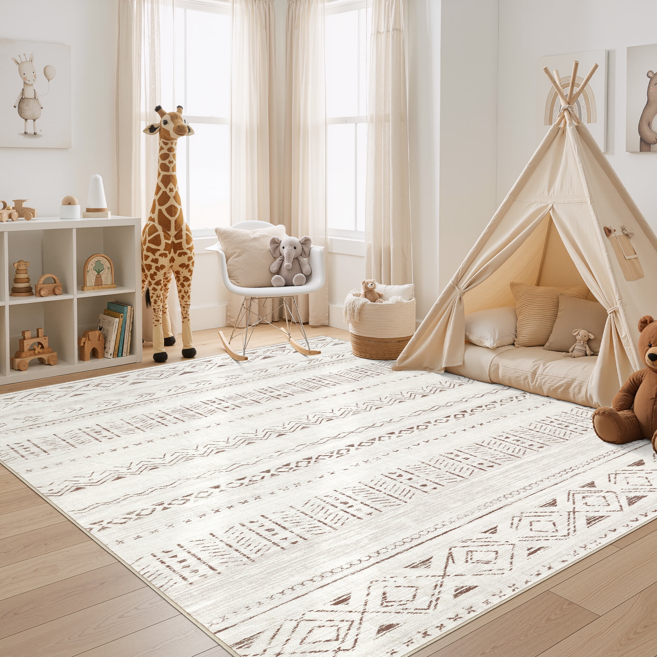UERMEI Boho Moroccan Area Rug, Washable Geometric Distressed Indoor Carpet for Living Room and Bedroom (Brown, 5 ft x 7 ft) saexo