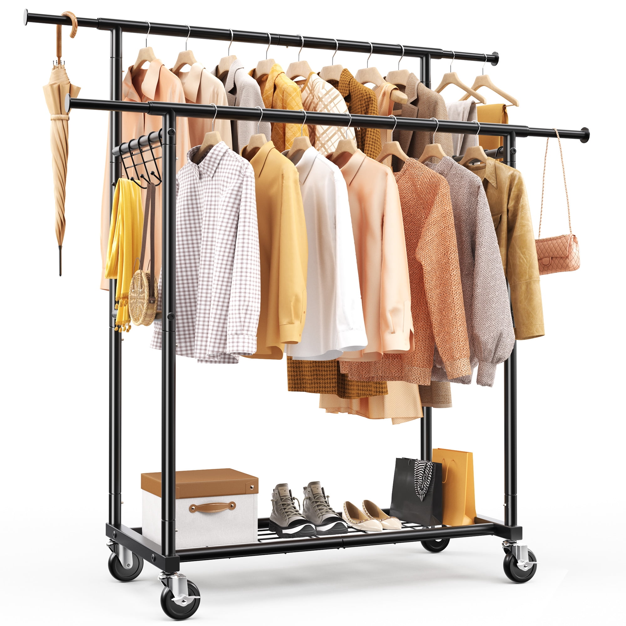 HOKEEPER Heavy Duty Double Rail Garment Rack with Shelves, Adjustable Rolling Clothes Organizer (Black, 450 lb Capacity) 00sgg