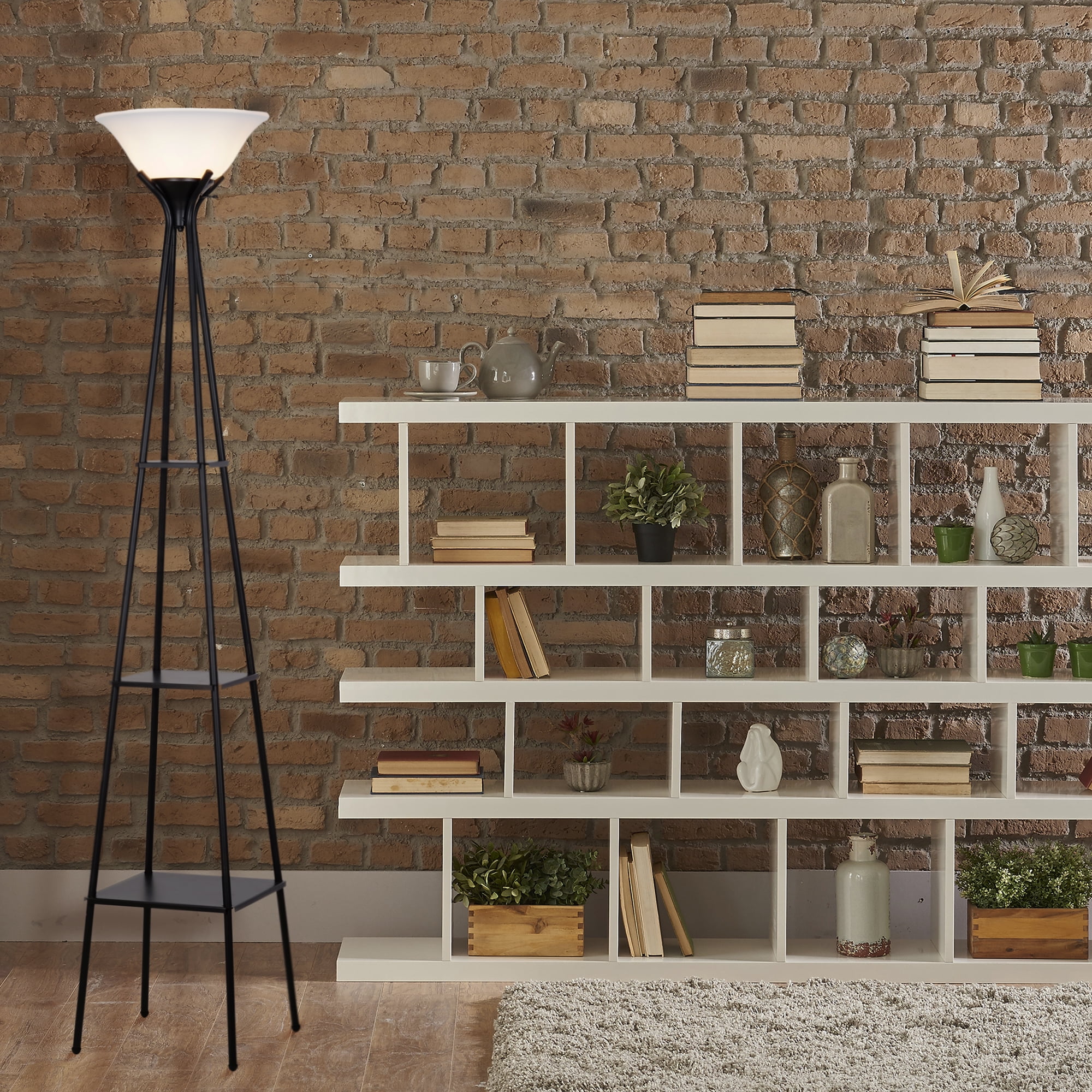 Mainstays Etagere Floor Lamp with Shelves, Charcoal Metal Finish (69 in H x 13 in W) yv1q5