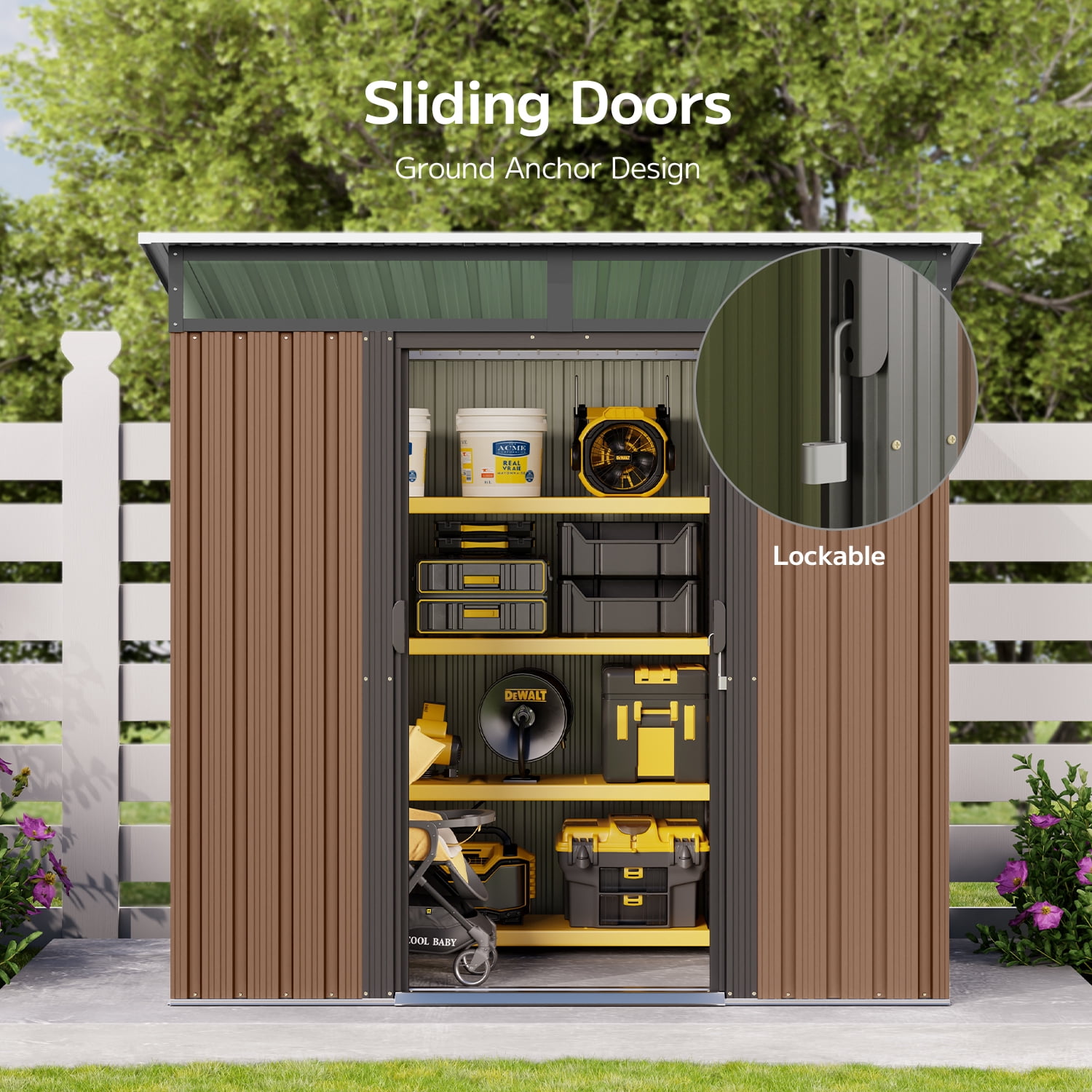 Asofer Lockable Metal Tool Shed, Outdoor Storage Cabinet with Double Doors and Light Window (Brown, 76.8 in x 42.9 in x 77.2 in) h7x2o