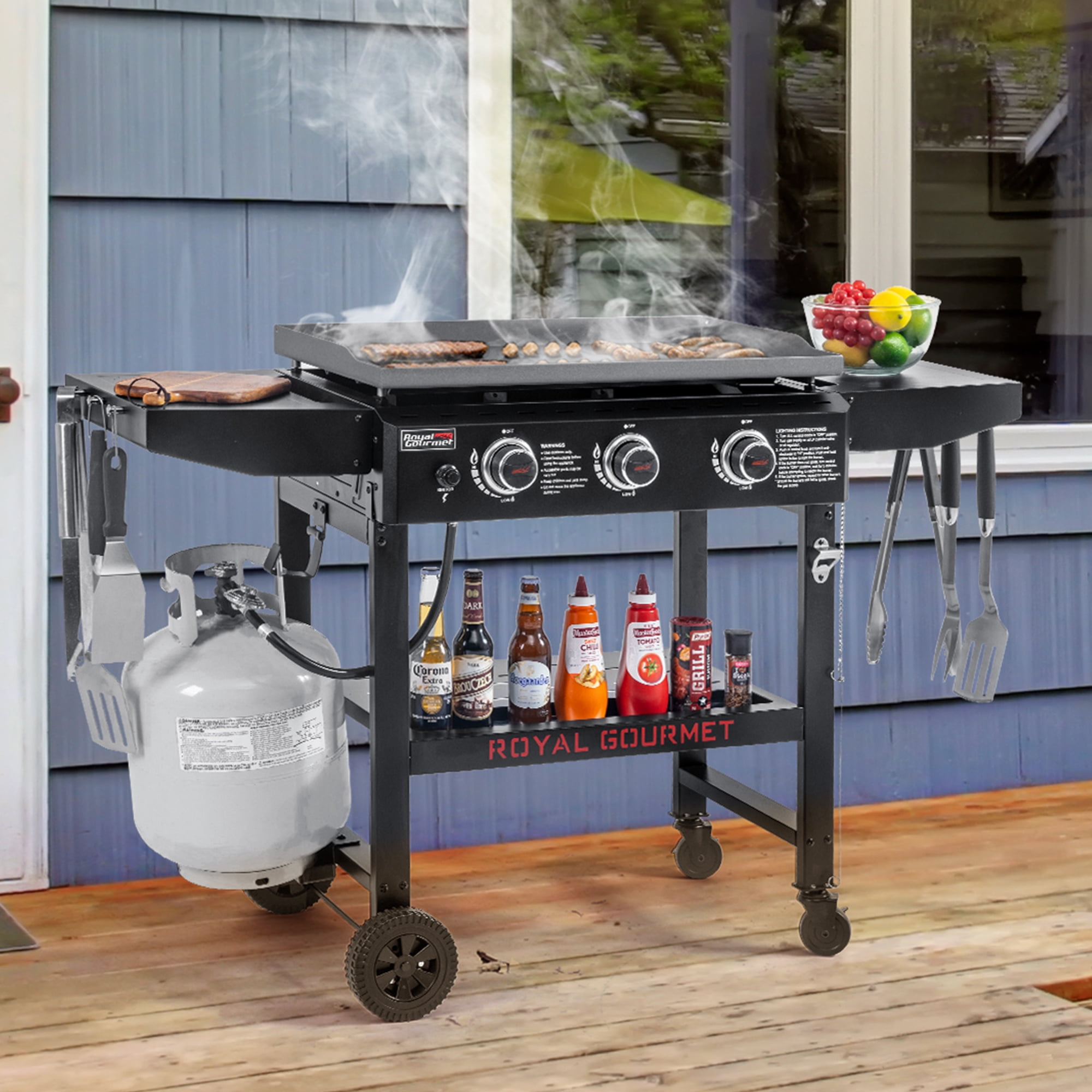 Royal Gourmet GB3000H 3-Burner Gas Griddle with Collapsible Side Shelves (Black, 28 in) 17207