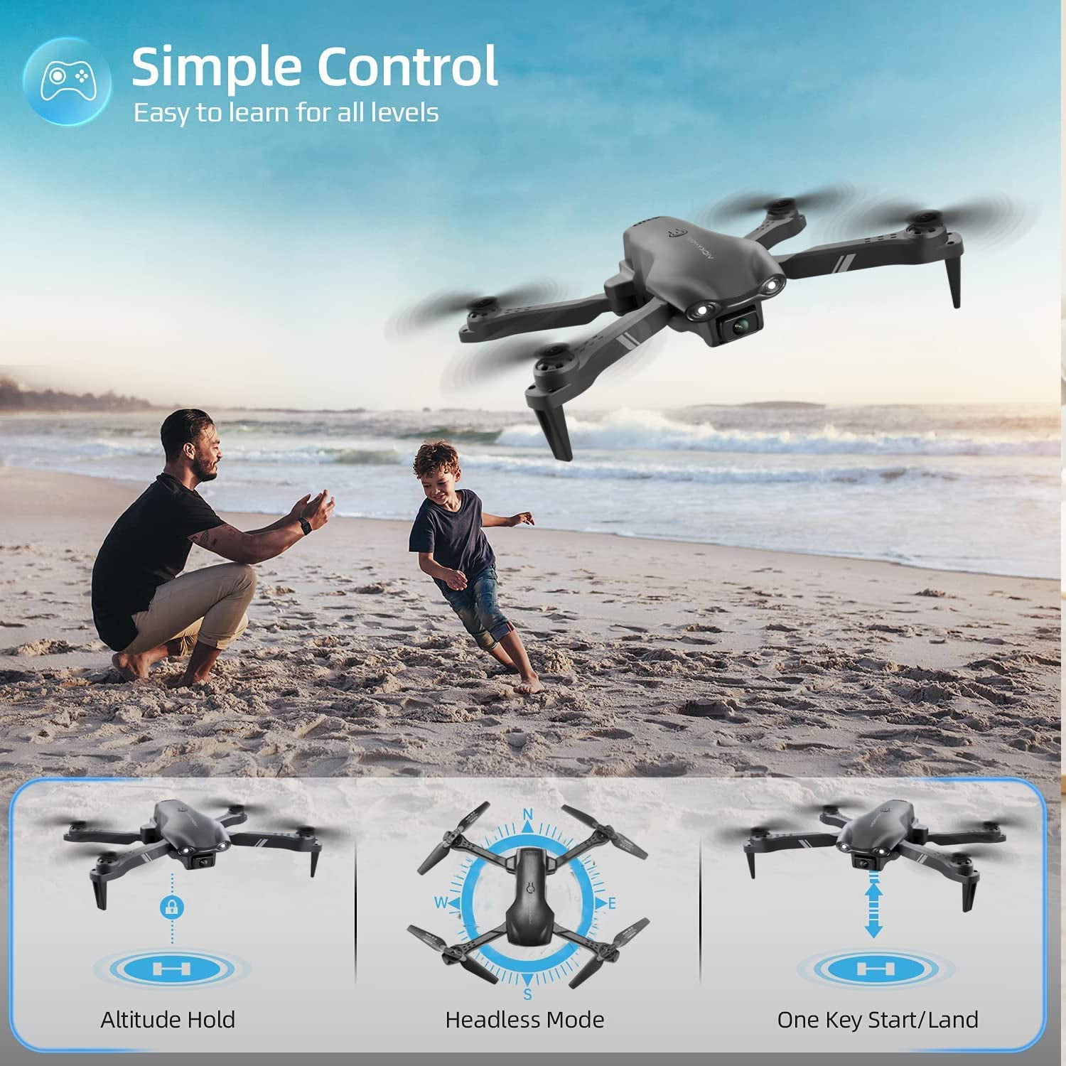 Eoyeskido FPV RC Quadcopter Drone with 1080P HD Camera, Optical Flow Sensor, and LED Lights (Black, 2 Batteries) zi2en