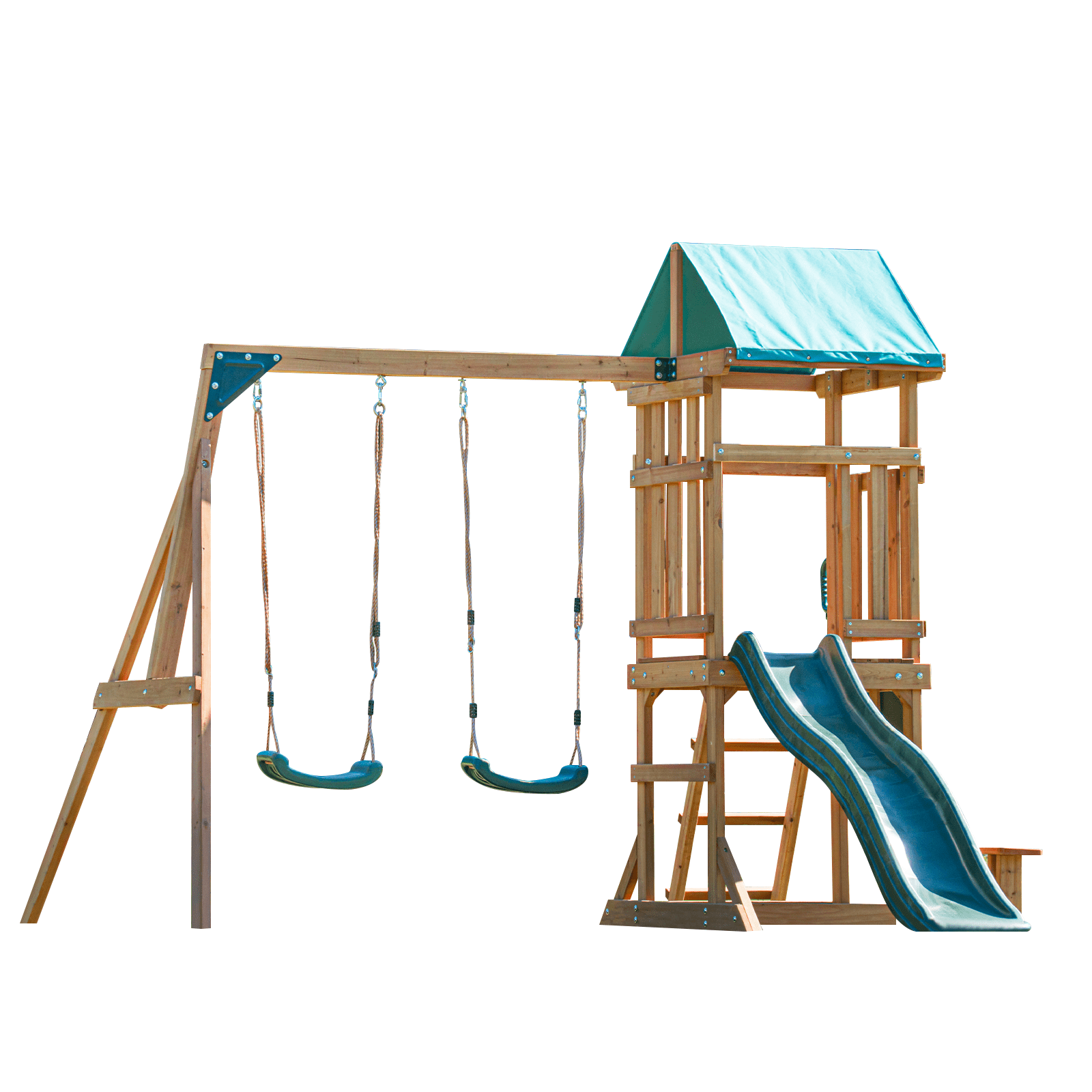DOLPHIN PLAYGROUND Wooden Outdoor Playset with Swings, Slide, and Playhouse (Brown, 120 in x 108 in x 96 in) s0g3z