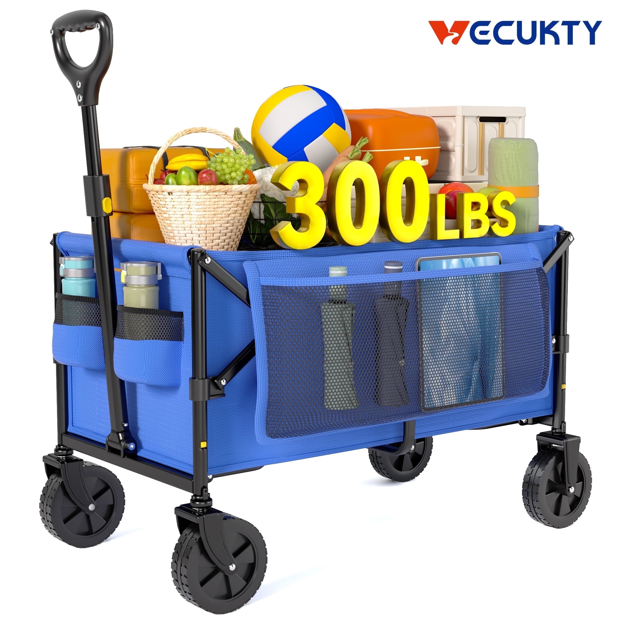 VECUKTY Collapsible Folding Utility Wagon, Heavy-Duty Outdoor Cart for Camping and Gardening (Blue, 300 lb Capacity) 40el2