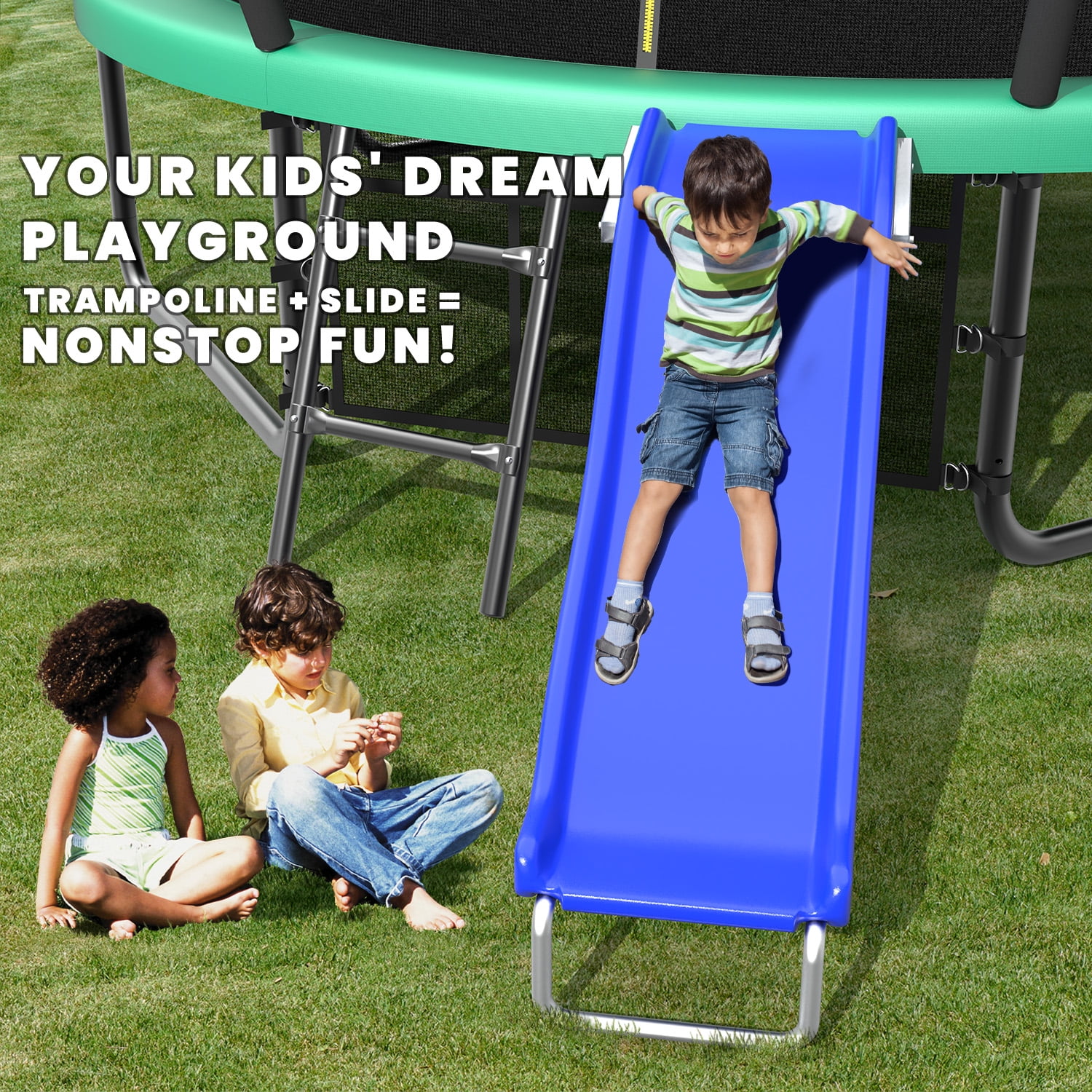 Mersco 12ft Heavy Duty Outdoor Trampoline with Enclosure Net, Slide, and Basketball Hoop (Green, 12 ft) gfnot