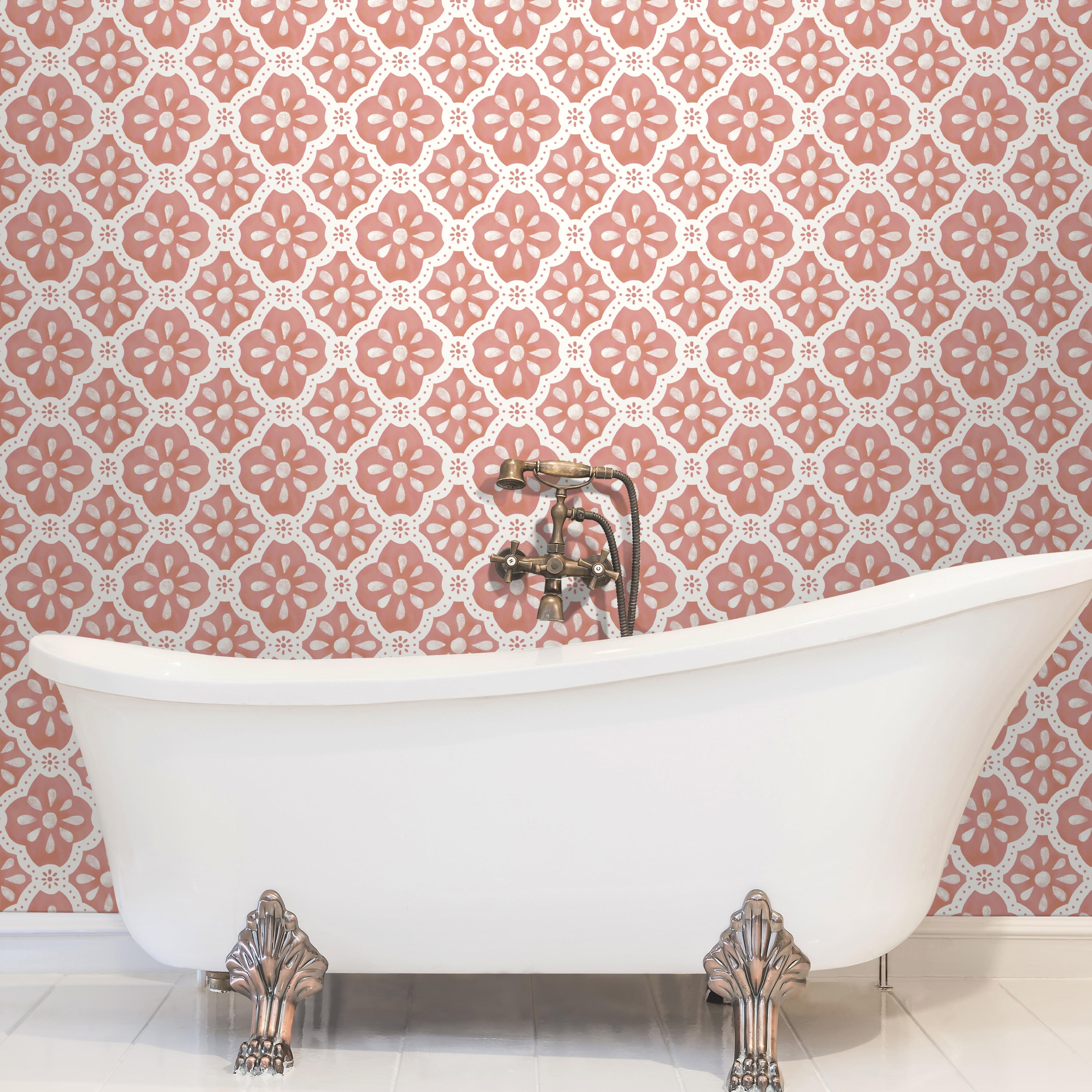 The Pioneer Woman Peel and Stick Wallpaper, Washy Trellis Pattern (Pink Salmon, 18 in x 18.86 ft) yuq33
