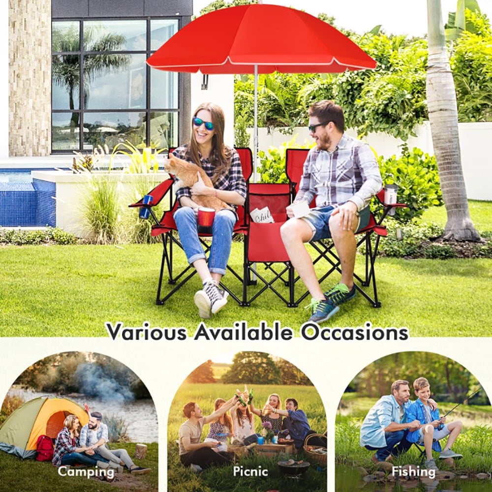 Aimee Lii Double Folding Picnic Chair with Umbrella, Outdoor Camping Loveseat with Cooler Bag and Beverage Holders (Red) sqkca