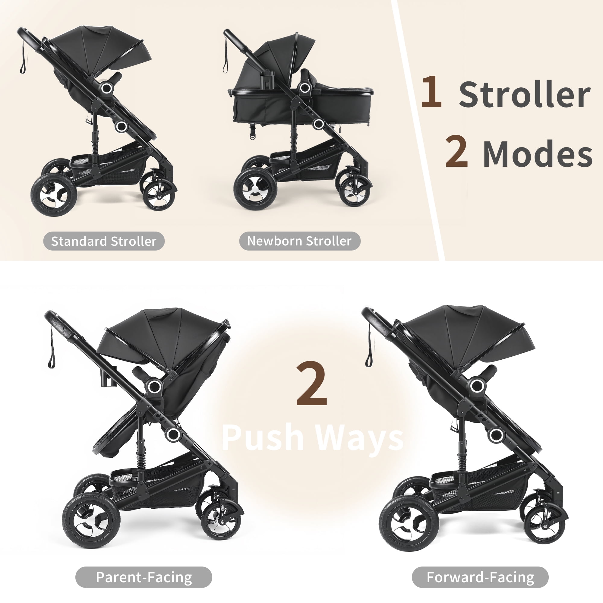 AILEEKISS 3-in-1 Convertible Baby Stroller, Reversible Seat with Adjustable Canopy (Black, 24 lb) z5il0