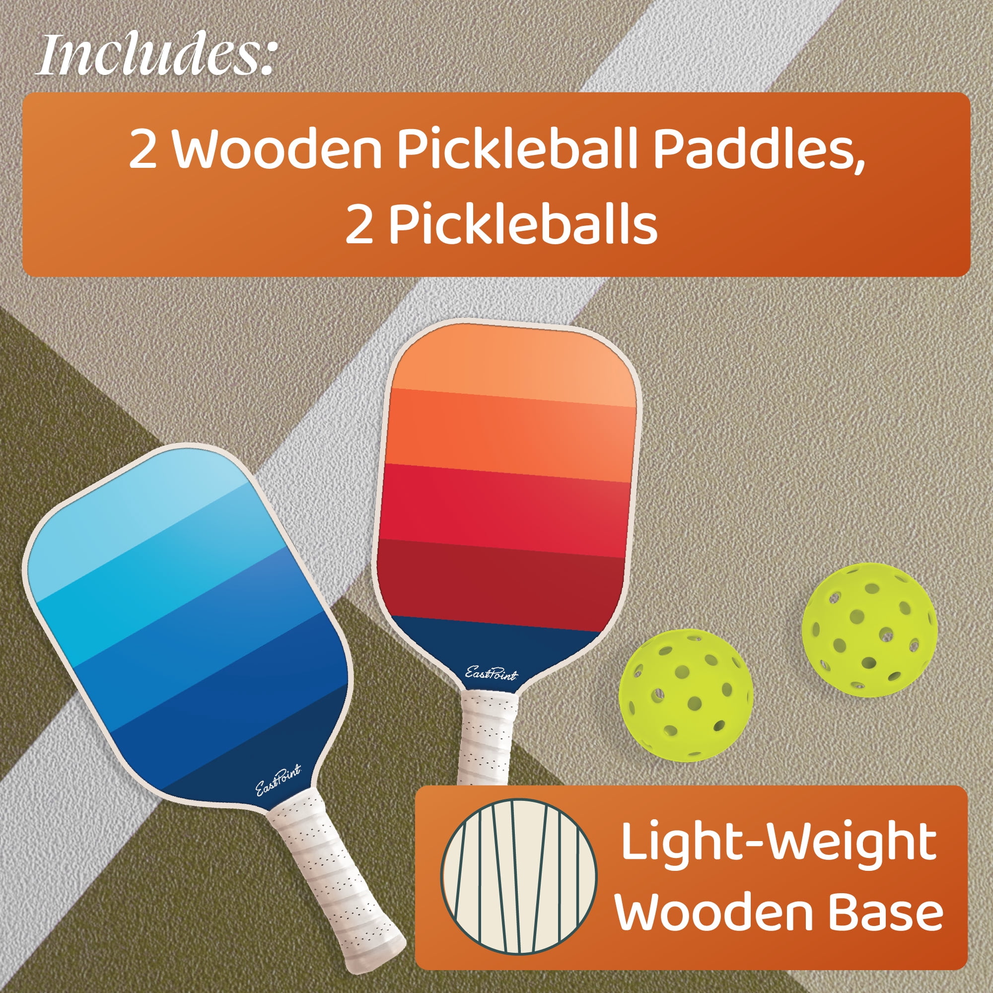 EastPoint Sports Pickleball Paddle Set (2 Player, Wood, Orange, 2 Balls) w49v1
