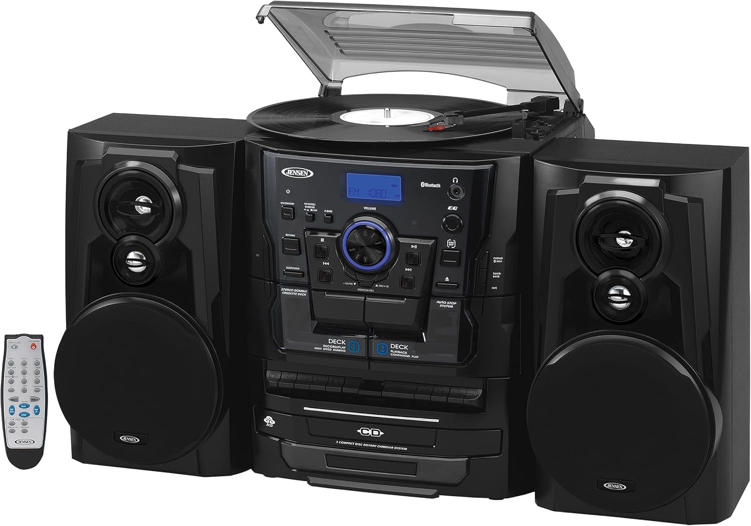 Jensen JMC-1250 BT Turntable with 3 CD Changer and Dual Cassette Deck (Black, 1 Unit) 51mfd