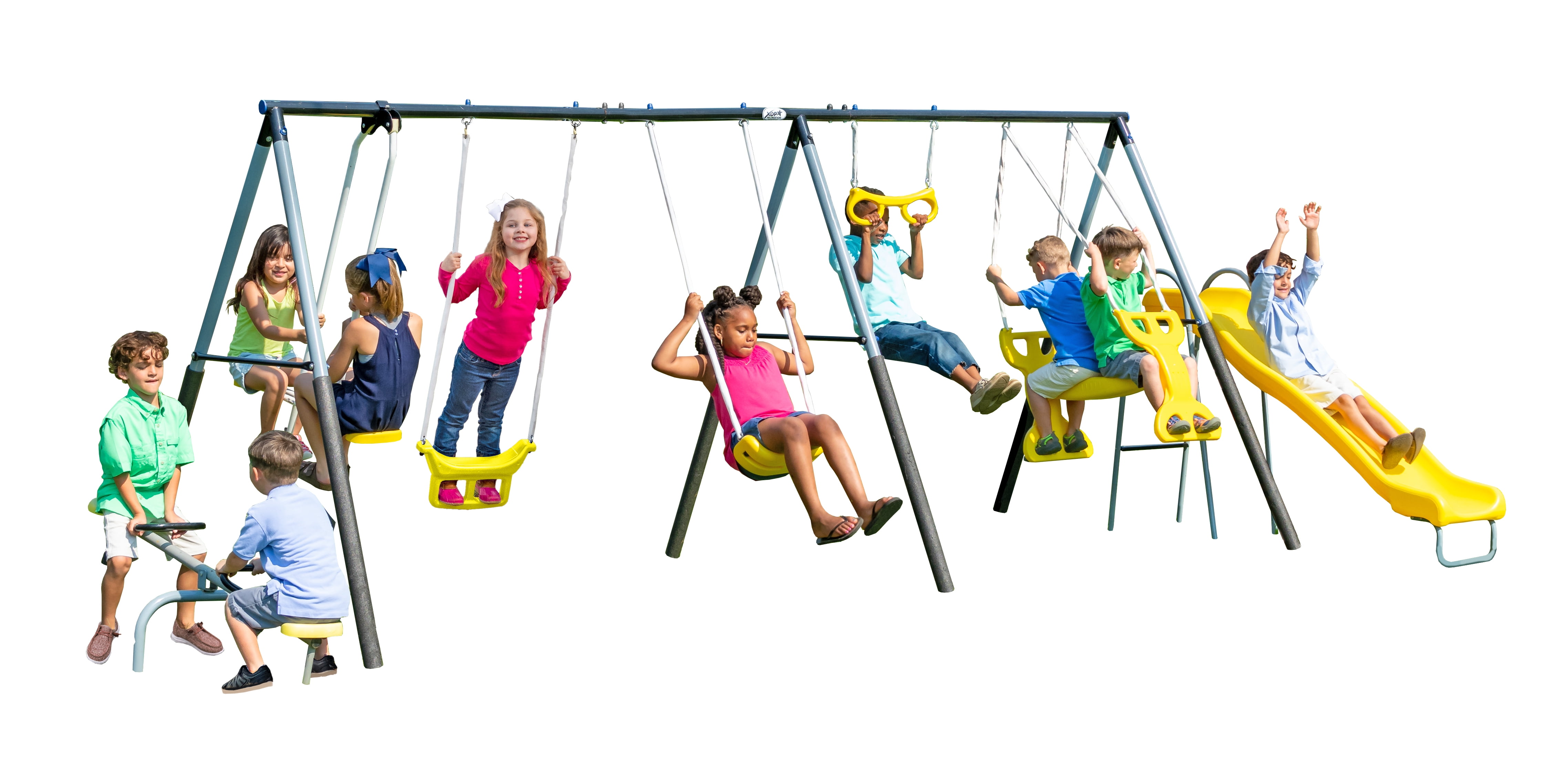 XDP Recreation Rising Sun Metal Swing Set with Slide, Seesaw, and Glider (Yellow, 10-Child Capacity) 1zow3