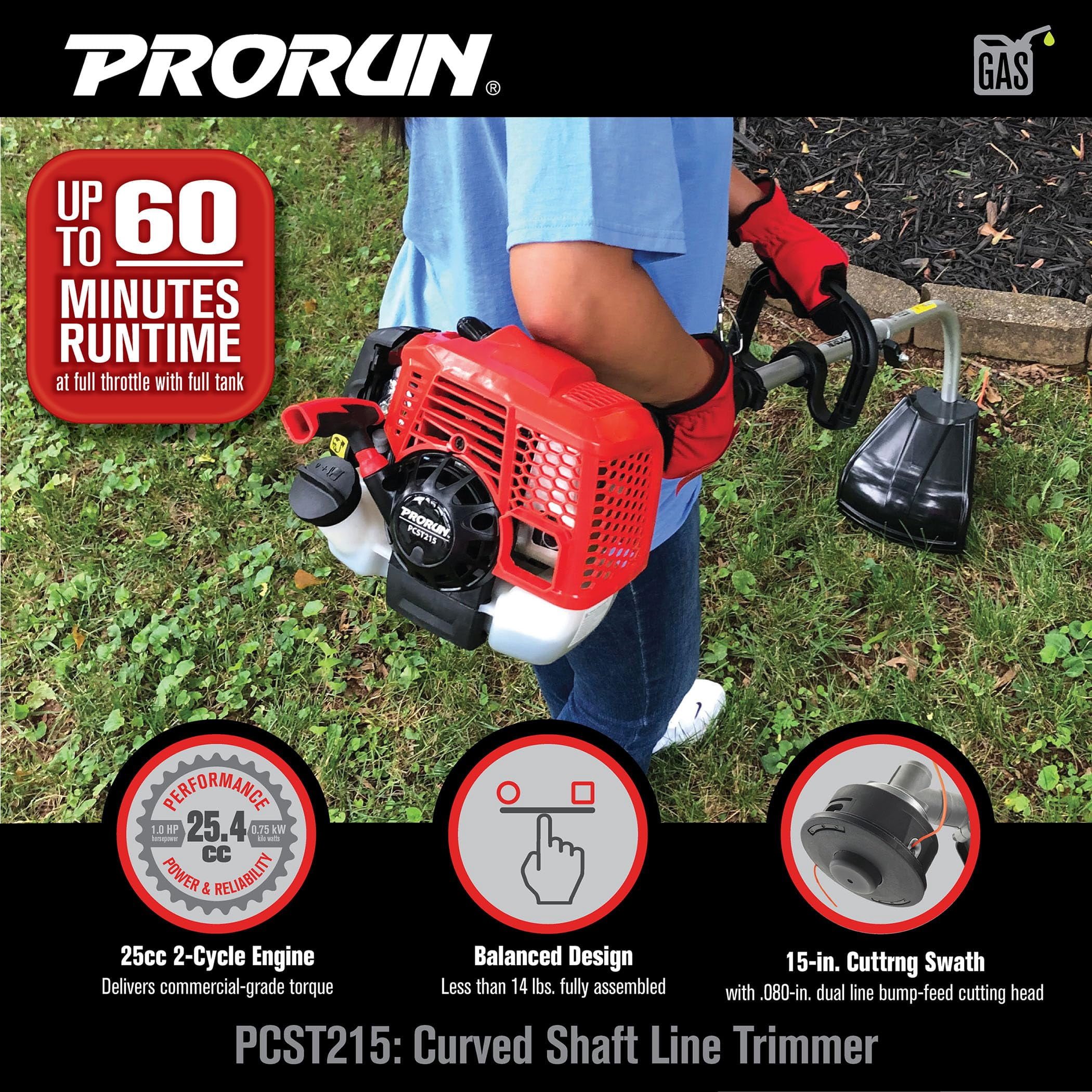 PRORUN 25.4cc Gas-Powered 2-Cycle Curved Shaft String Trimmer (Red, 15 in) cwahh