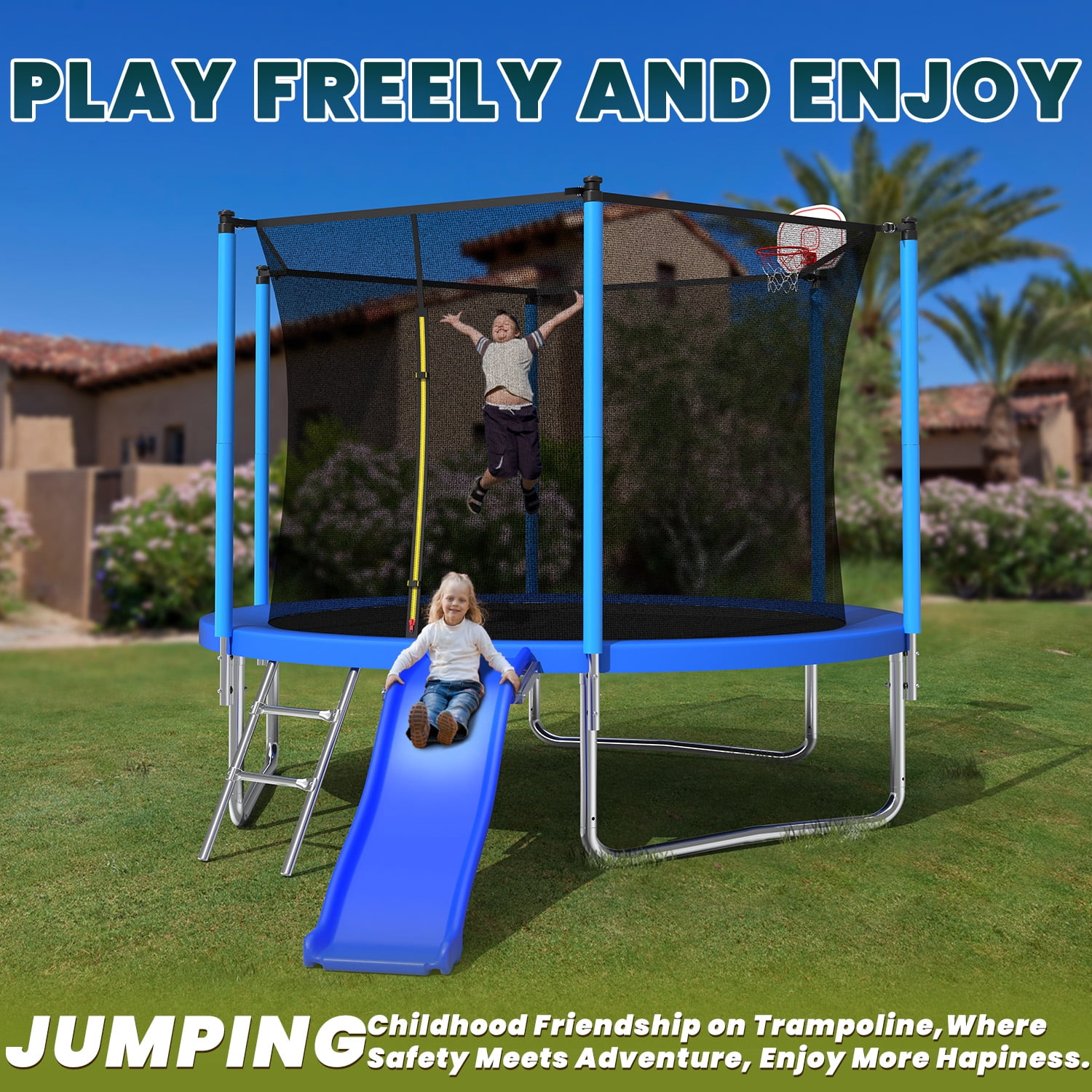 Mersco 10 ft Heavy Duty Outdoor Trampoline with Enclosure Net, Slide, and Basketball Hoop (Blue, 10 ft) 7vhxm