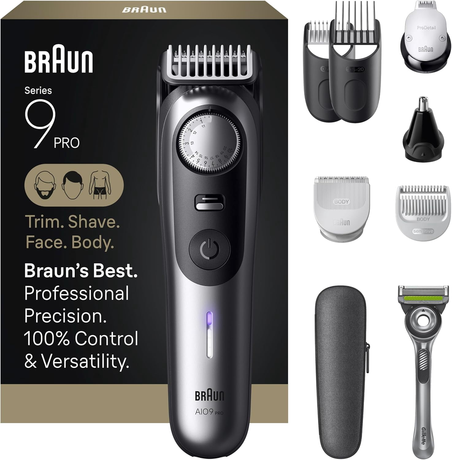Braun Series 9 PRO All-in-One Beard and Body Grooming Kit, Cordless Electric Trimmer and Shaver for Face and Hair (Brown, 1 Kit) tqtdh