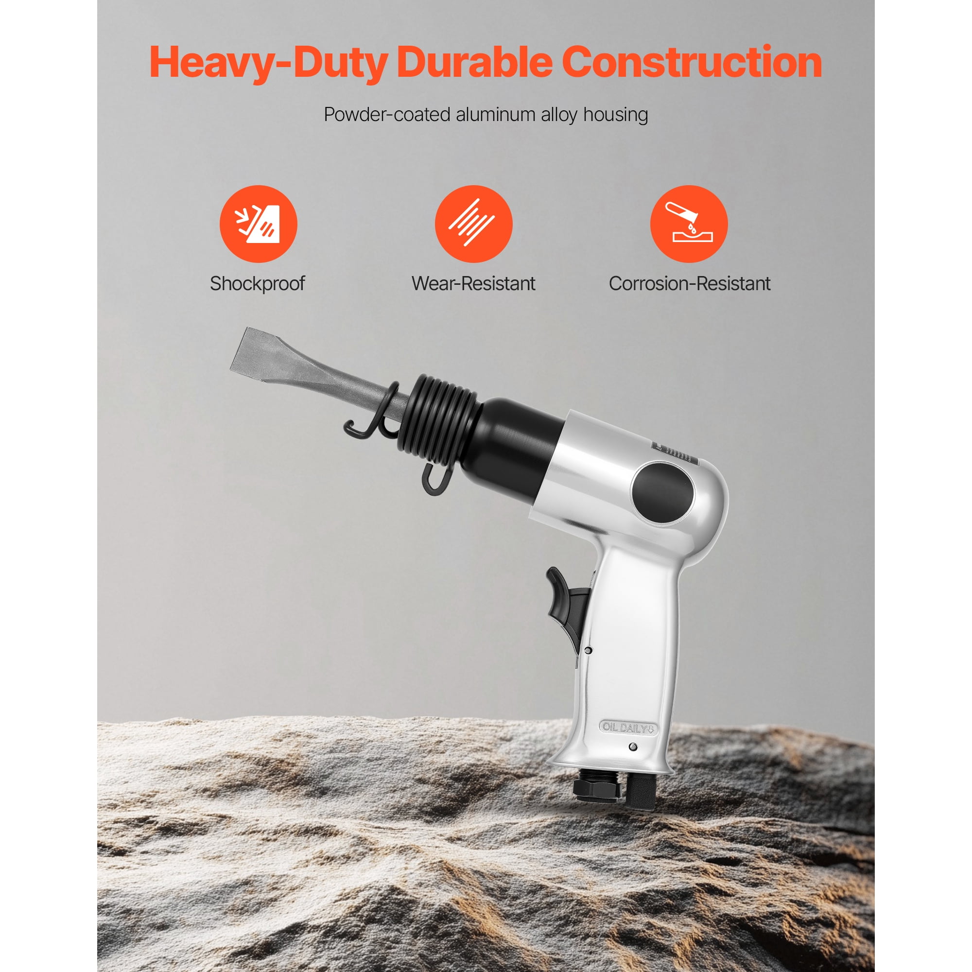 KFFKFF Pneumatic Air Hammer, 4500 BPM Heavy-Duty Air Chisel Tool with 1.57-inch Stroke and 4 Chisels (Silver) nzsow