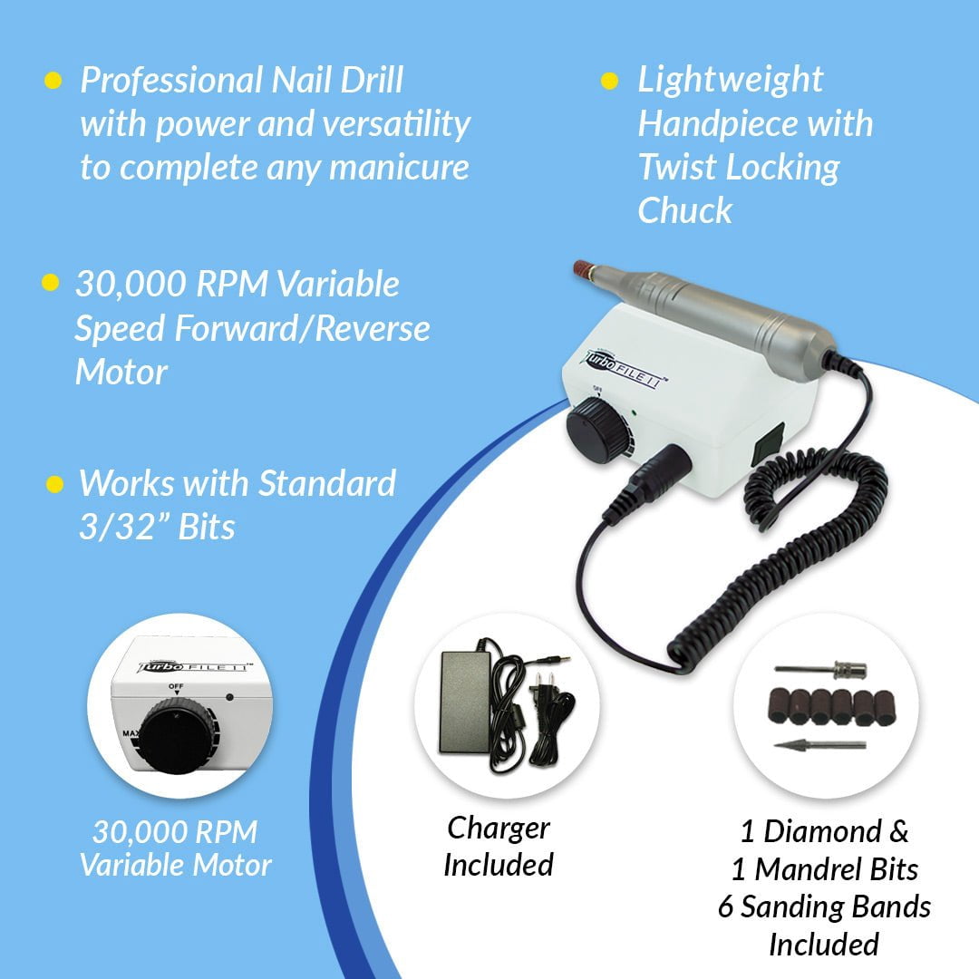 Medicool Turbo File II Electric Nail Drill Professional Manicure Pedicure Tool (30,000 RPM, 2-Piece Bit Kit) j783n