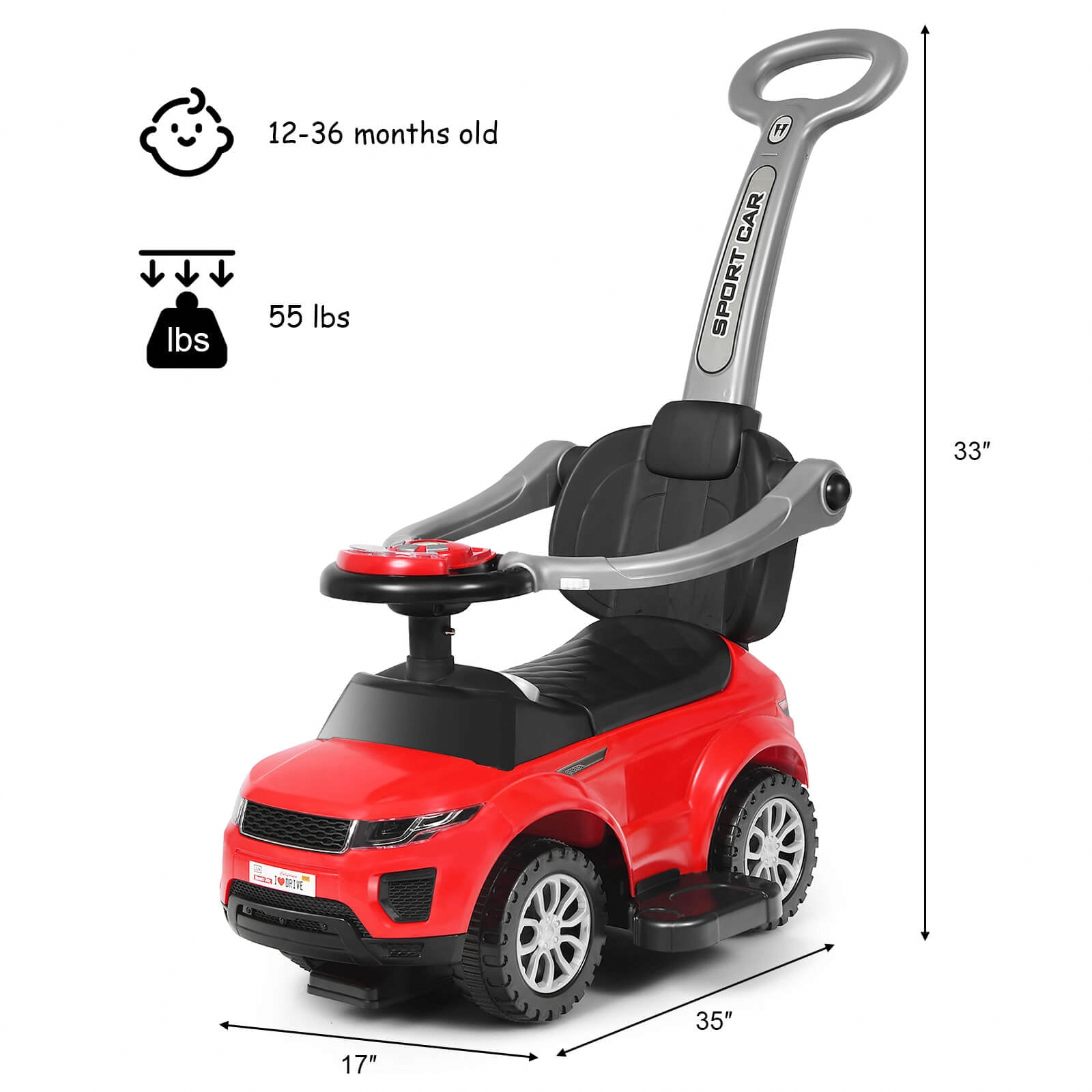 INFANS 3-in-1 Ride-On Push Car Toddler Stroller with Music and Storage (Red) yswuz