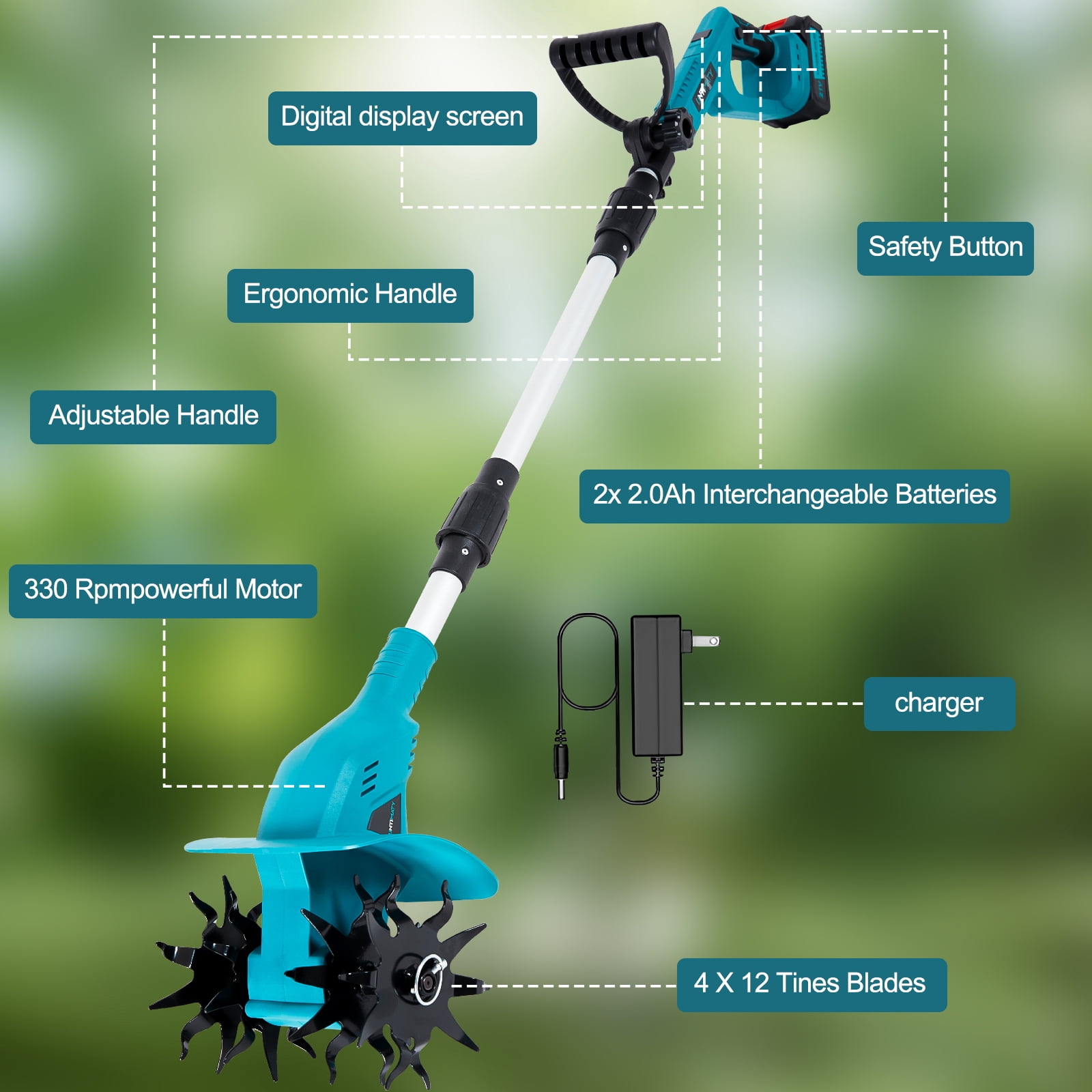 LZNIOZ Cordless Electric Garden Tiller Cultivator with Dual 4.0Ah Batteries (7.9 in Width, 5.9 in Depth) ftixh