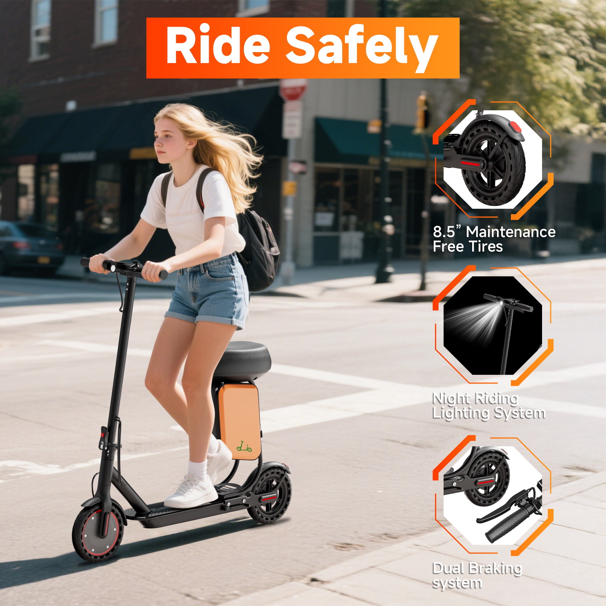 Riuiio Electric Scooter with Seat, 19MPH Commuter E-Scooter, 21-Mile Range, 350W Motor, Foldable Design with Storage Bag (Black, 31 lb) jseoc