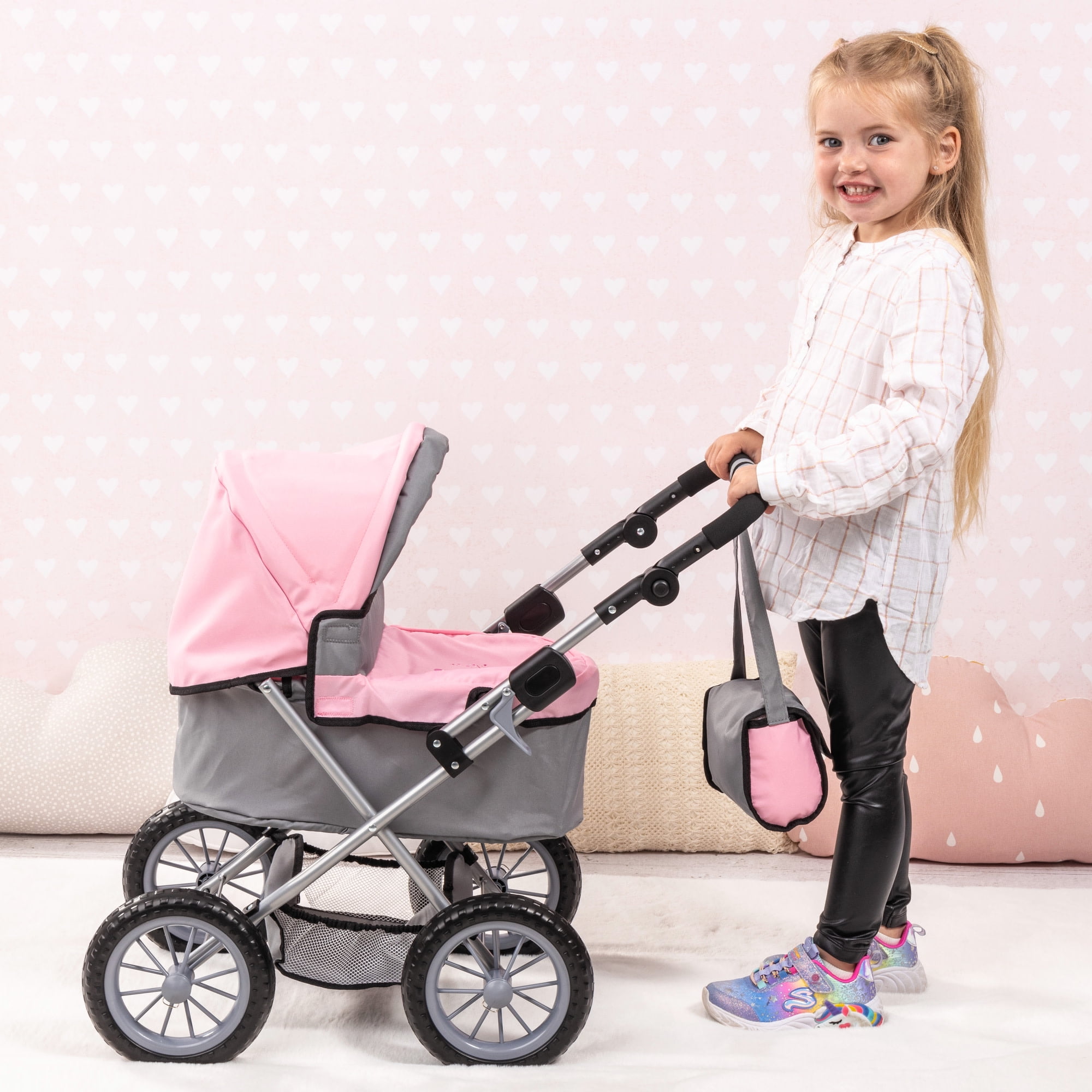 Bayer Design Trendy Baby Doll Pram with Adjustable Handle, Foldable Stroller for Dolls (Pink/Grey, 18 in) 0rt1t