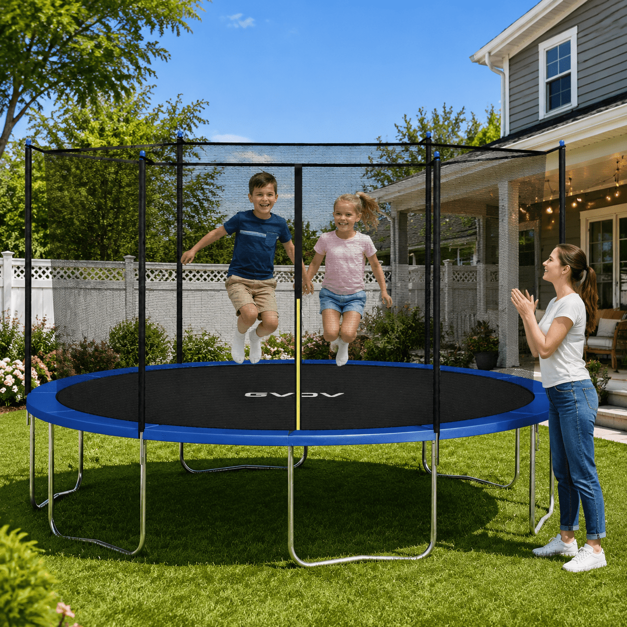 GVDV Outdoor Recreational Trampoline with Safety Enclosure Net (Blue, 14 ft) 7c9l2