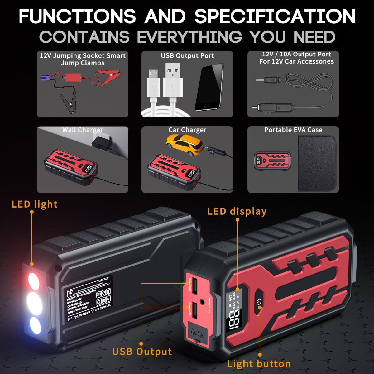 GPED Portable Car Jump Starter 4000A Peak 12V Auto Battery Booster with LCD Display and Power Bank (Black, 39800mAh) 20i42
