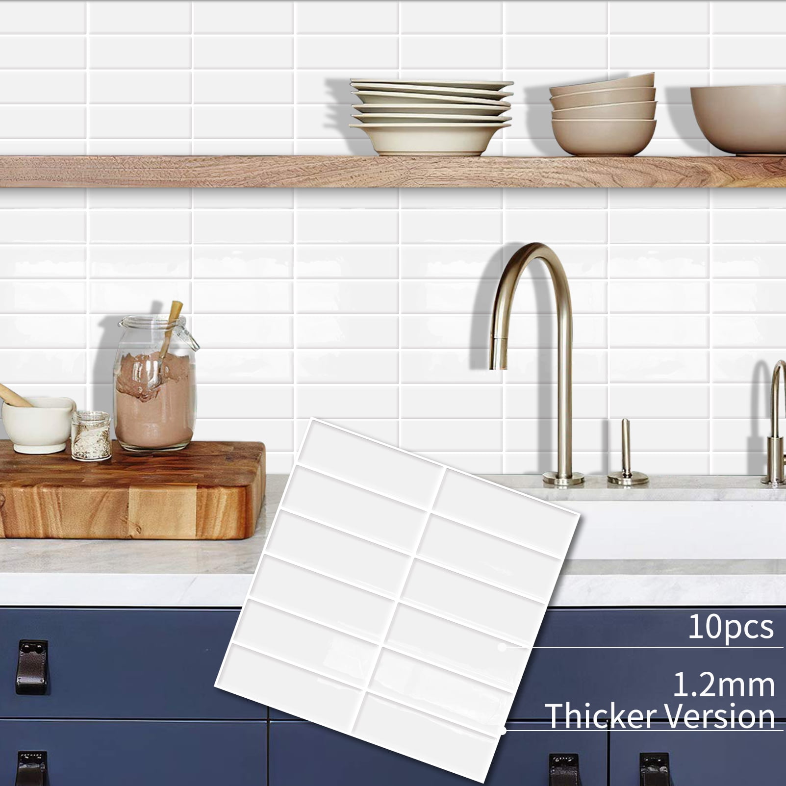 DEWOO Peel and Stick Backsplash Wall Tiles, Extra Thick 3D Adhesive Panels for Kitchen and Bathroom (White, 10 Pack, 12 in x 12 in) v78c3