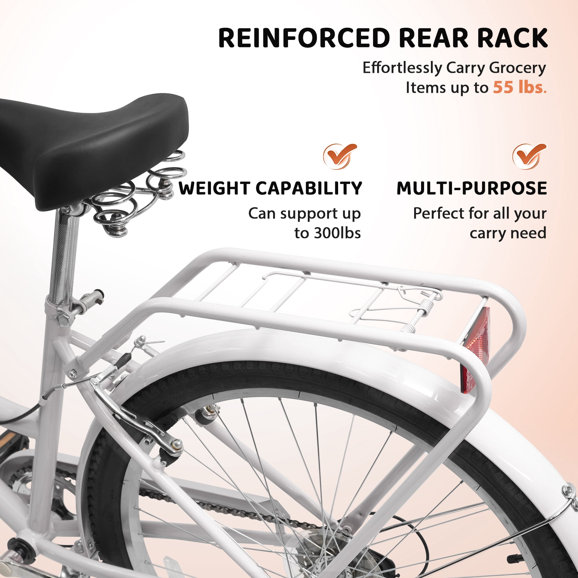 Ecarpat 26 Inch Beach Cruiser Bike for Women, 7 Speed Commuter Bicycle with Dual V-Brakes, Rear Rack and Basket (White, 26 in) 1akff