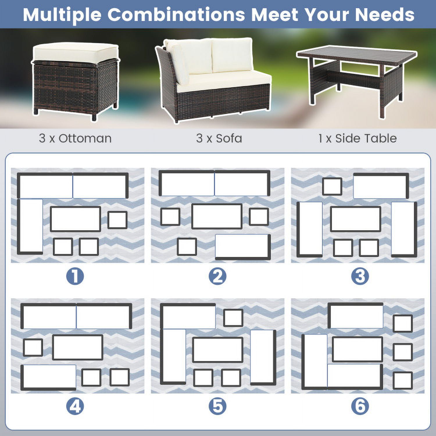 GVN 7-Piece Wicker Patio Furniture Set, Outdoor Sectional Sofa with Coffee Table (White, 7-Piece Set) w14mi