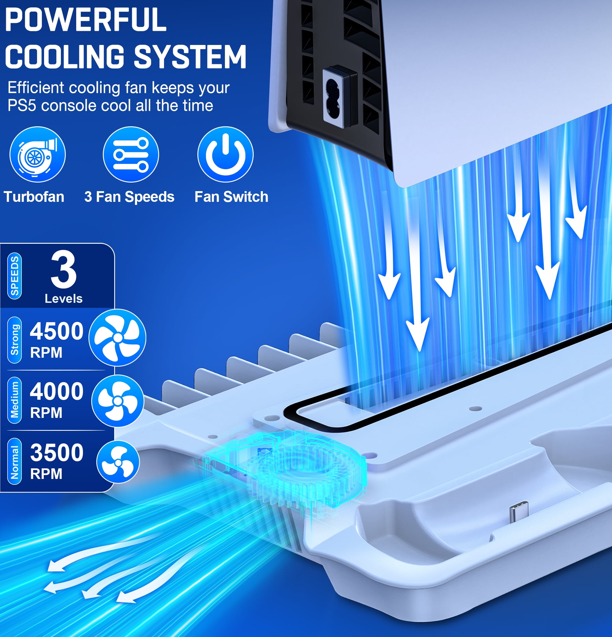 Beboncool PS5 Cooling Stand with Dual Controller Charger and Game Storage (White, 1 Pack) 3icr3